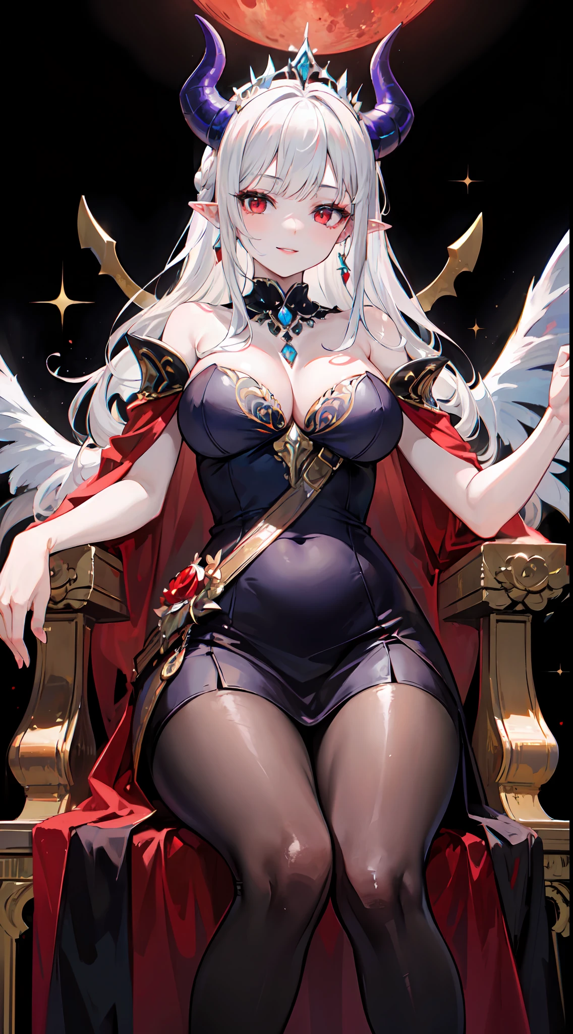 ((best quality)),((masterpiece)),(detailed),ultra high res,Highly detailed,1girl,mature female,cowboy shot,from below,solo,confident,throne,sitting on throne,elaborate crown,sparkling tiara,(white hair:1.2),(demon horns),red eyes,smokey eye makeup,purple lips,seductive smile,pointy ears,pale skin,flawless complexion,narrow waist,medium breasts,ornate hairstyle,demon wings,off-shoulder dress,pantyhose,jeweled necklace,(royal cape:1.2),embroidered details,draped over shoulders,intricate patterns,opulent decorations,marble pillars,marble floors,red moon,GothicPunkAI,
