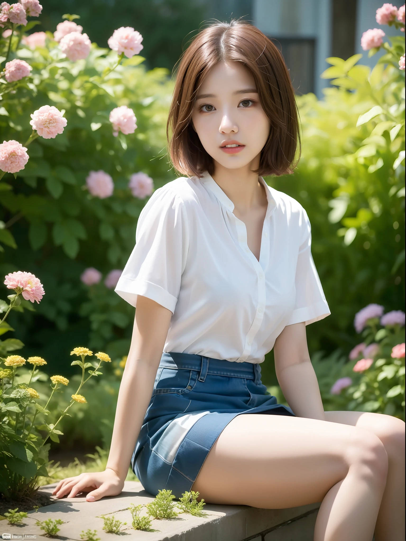 ((Best Quality, 8k, Masterpiece: 1.3, Raw Photo)), Sharp Focus: 1.2, (1 aespa Girl: 1.2), (Realistic, Photorealistic: 1.37), (Face Focus: 1.1), Cute Face, Tenderness, Small Breasts, Flat Breasts, Short Messy Hair, White Shirt, She Is Rolling Up Her Skirt, Showing White Panties, Beautiful Woman Sitting in Flower Garden, Daylight, Movie Lighting