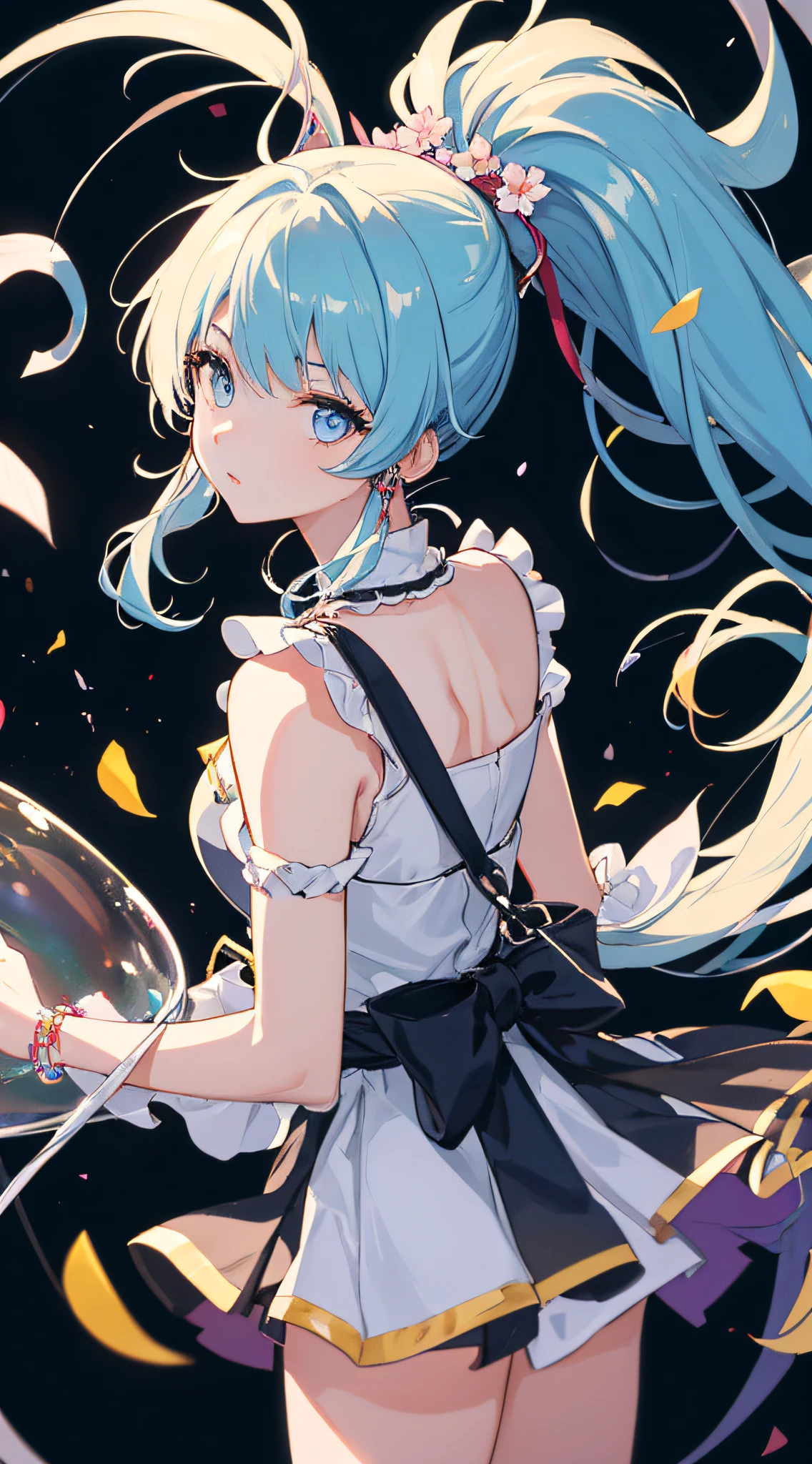 (masterpiece), (best quality), (ultra detailed),(disheveled hair),(illustration), (1girl), (Fashionable clothing), standing, Fashion model, looking at viewer, (interview), (simple background),beautiful detailed eyes, delicate beautiful face, Floating,(high saturation),(colorful splashes),colorful bubble,(shining), focus on face, ponytail, kamisato ayaka, light blue hair, bangs, hair ring, floating flowers, floating hairs, (shining), best lighting, best shadow,