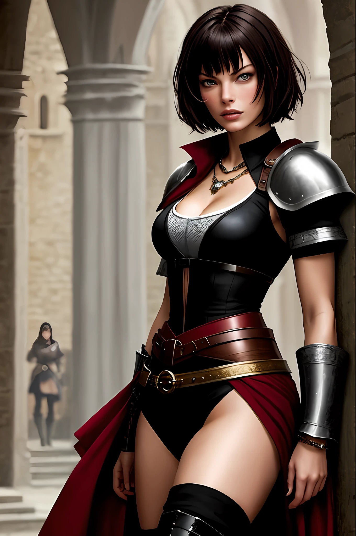 A 20-year-old girl with short brown hair, Milla Jovovich, short black hair with bangs, short hair - medium length, Mila Jovovich as a medieval warrior.