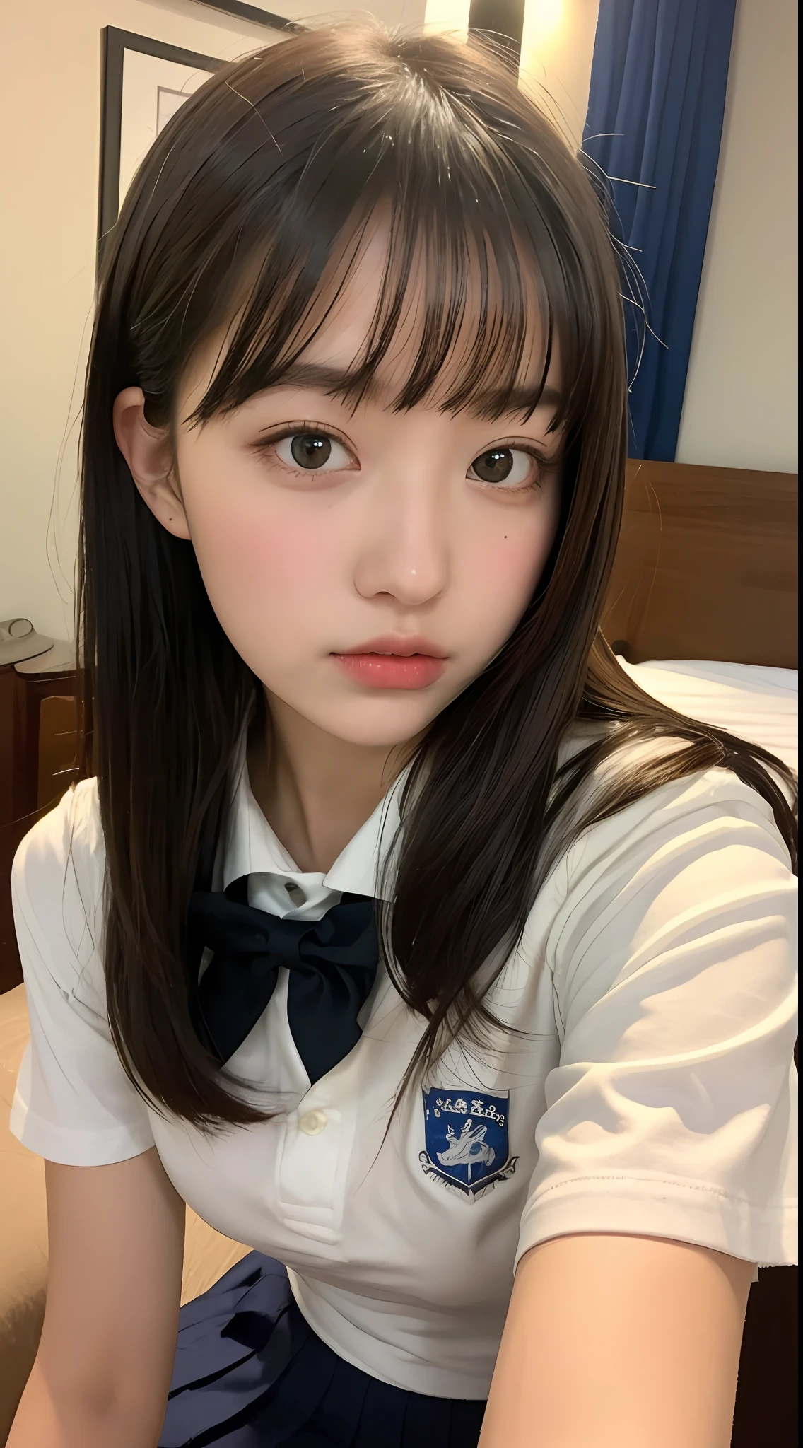 ((top quality, 8k, masterpiece: 1.3)), 1 girl, beauty: 1.3, (casual hairstyle, big: 1.2), super detailed face, delicate eyes, double eyelids, soft breasts, high school student in school uniform, perched on hotel bed, with bangs
