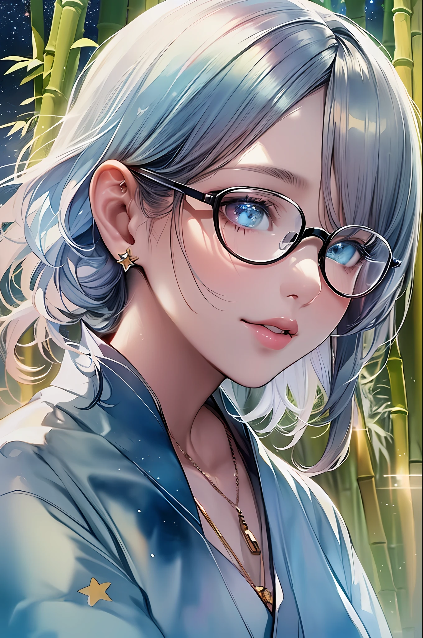 ((Masterpiece, Masterpiece, Top Quality, Watercolor, Pendant)), Official Art, Beautiful and Aesthetic: 1.2), (Golden Ratio: 1.2), (Full Body: 1.2), (Super Detail: 1.3), (1 Girl: 1.3), (Fractal Art: 1.3), (Glitter Pupil)), Pattern, (iridescent hair, colorful hair, half blue and half pink hair: 1.2)), Colorful, (glasses), Writing, (heterochromia), (Colorful: 1.5), (bare skin of a yukata)), (((Hakata Yukata)), night sky, starry sky, (((shy face)), ((hyper detail)), (delicate detail)), (complex detail), ((cinematic light, highest quality backlight)), high contrast, (best lighting, very delicate and beautiful))), ((( Cinematic Light)), (Trace Reflection, Shine), (Glowing Aura)), (Hair Shine)), ((Super Detail)), ((8K)), ((Beautiful Lips)), (Face Close-Up)), Colorful Lens Reflection, Masterpiece, Best Quality, (Realistic, Photorealistic: 1.4), (RAW Photo: 1.2), 1 Girl, (Smile: 1.5), Ponytail, ( Japan Light blue kimono: 1.5), looking up at the sky, night, outdoor, landscape, (bamboo forest: 1.3), (Milky Way: 1.3), shooting stars, full moon, skyline, skyscraper, starry sky, photorealistic, ((large bamboo bamboo in background))