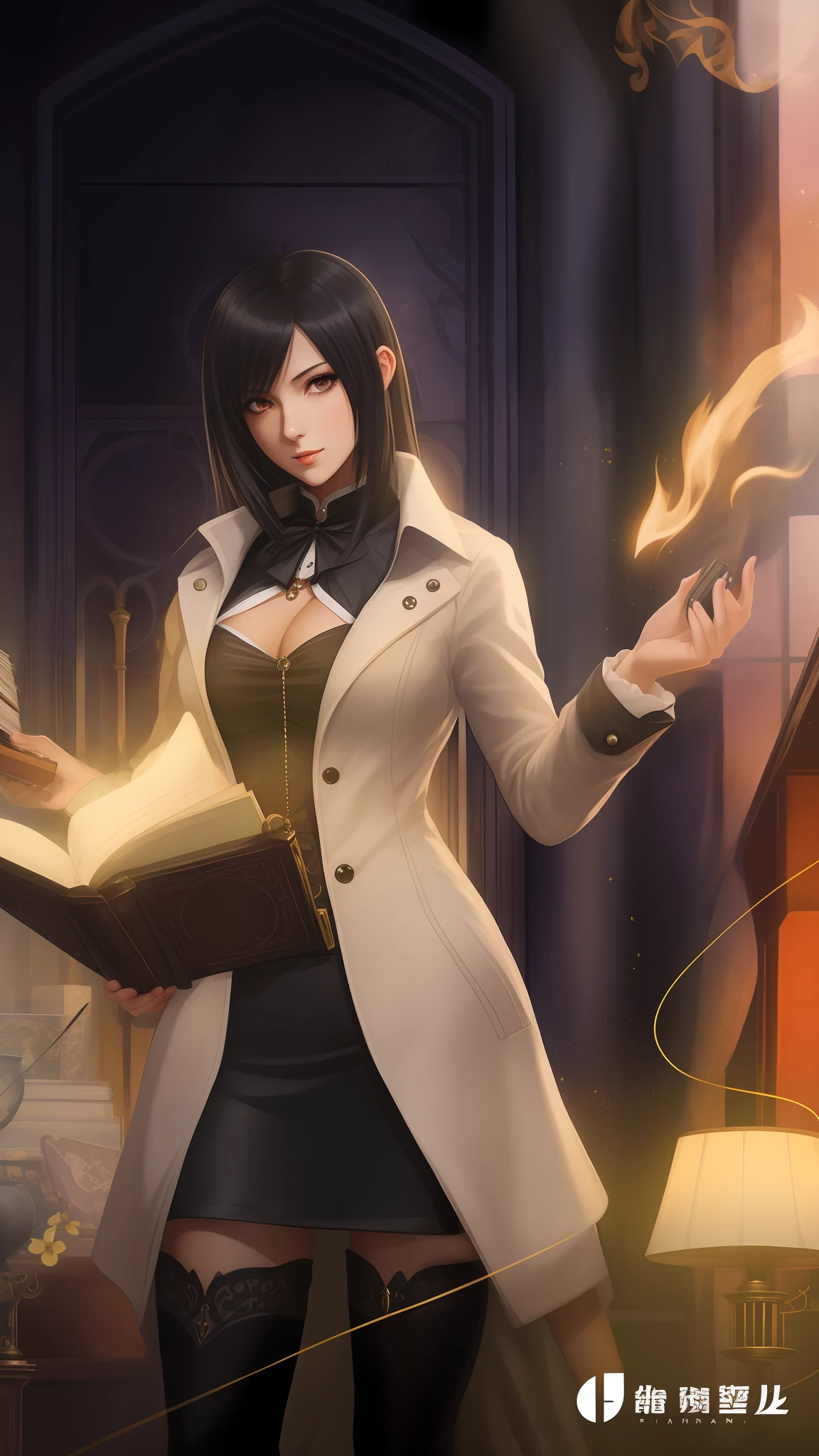 anime girl in a black dress holding a book and a lamp, portrait of tifa lockhart, black - haired mage, tifa lockhart portrait, tifa lockheart, tifa lockhart, seductive tifa lockhart portrait, tifa, glamorous tifa lockheart, dark fantasy female magician, game cg, female mage conjuring a spell, stylized urban fantasy artwork