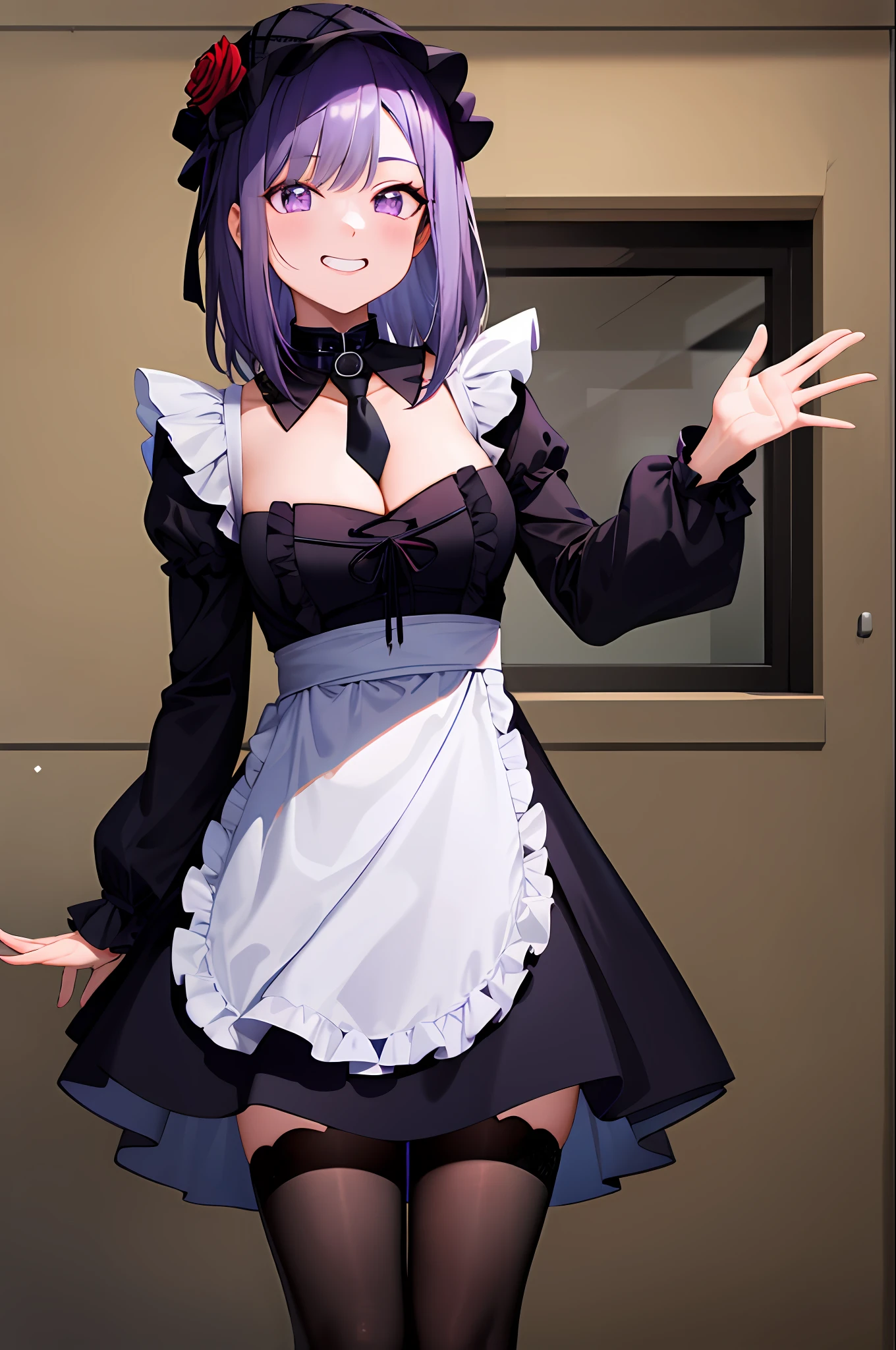 masterpiece, best quality, highres, kitagawa marin, 1girl, purple hair, medium hair, purple eyes, bonnet, red rose, collar, gothic, frills, black dress, black necktie, cleavage, long sleeves, white apron, thighhighs, grin, waving, street, cowboy shot,
