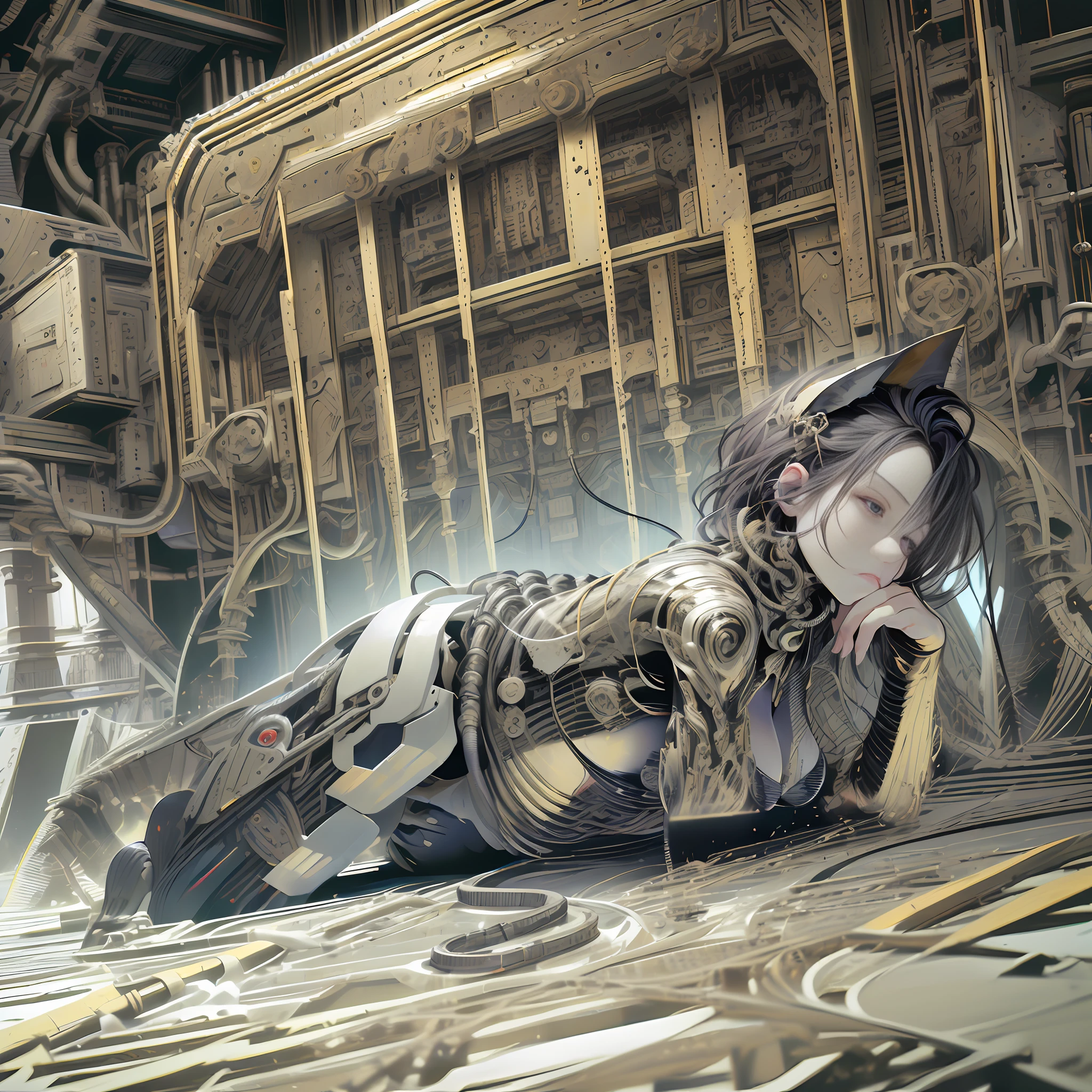 (Masterpiece, Top Quality, Best Quality, Official Art, Beautiful and Indulgent: 1.2), (1 Girl: 1.3), Very Detailed, Colorful, Supreme Details ((Super Detailed)), (Highly Detailed CG Illustration), (Very Delicate and Beautiful)), (Huge Robot Background), (Floating in front of the Machine), (From the Back), (Floating in the Air), (Full Body), Cinematic Light, (1 Robot Girl)), (Angel), (Halo), (Solo), (Open Legs), (mechanical joints: 1.2), ((mechanical limbs)), (blood vessels attached to tubes), (mechanical vertebrae attached to the back), (mechanical cervical vertebrae attached to the neck)), poker face, (wires and cables connected to the neck: 1.2), (wires and cables connected to the neck: 1.2), (character focus), (lower body integrated with organs), (camel hooves), (M legs), (lying down), (BDSM) (improved), (big breasts), (tits shake) (inserted a lot of tentacles) (shock), (gemstone), equipment man), (laser), (sexy pose), science fiction, reality, black background, (blood ,,,,,,,,,,,,: 1.5) huge, battle damage, shock, , half, rubbing chest with hands, hand touch, shirtless, camel hooves ,metal, sexy pose, sexy,, aesthetics, masterpiece, best quality, reality