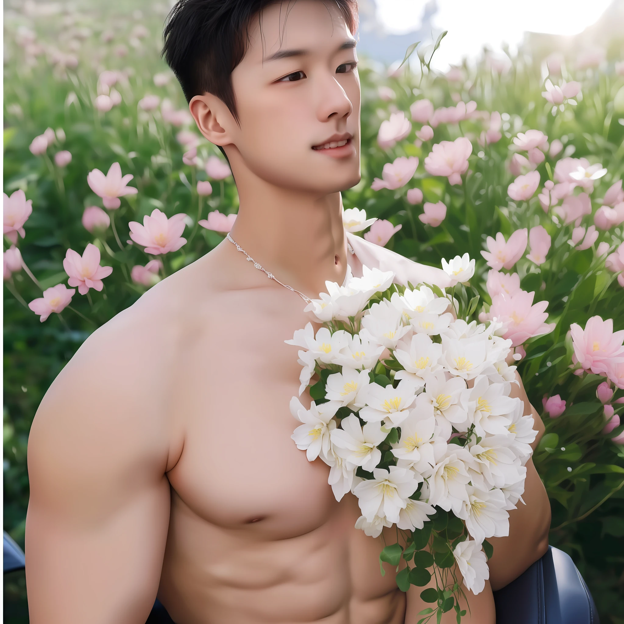 arafed image of a Asian man, in the car with flowers behind, lying on white flowers, poetic colors, view from the front of the car to the back of the car, sitting on pink and white flowers, covered with white flowers flowers, there are many flowers around, covered with flowers, sitting with flowers and leaves, full of flowers, 3 pm. there is sunlight, the guy is shirtless, big and round chest, big, toned body, strong body. white underwear, showing his abs. big Detailed photos, no errors, true colors, fanciful, clear details without illusion