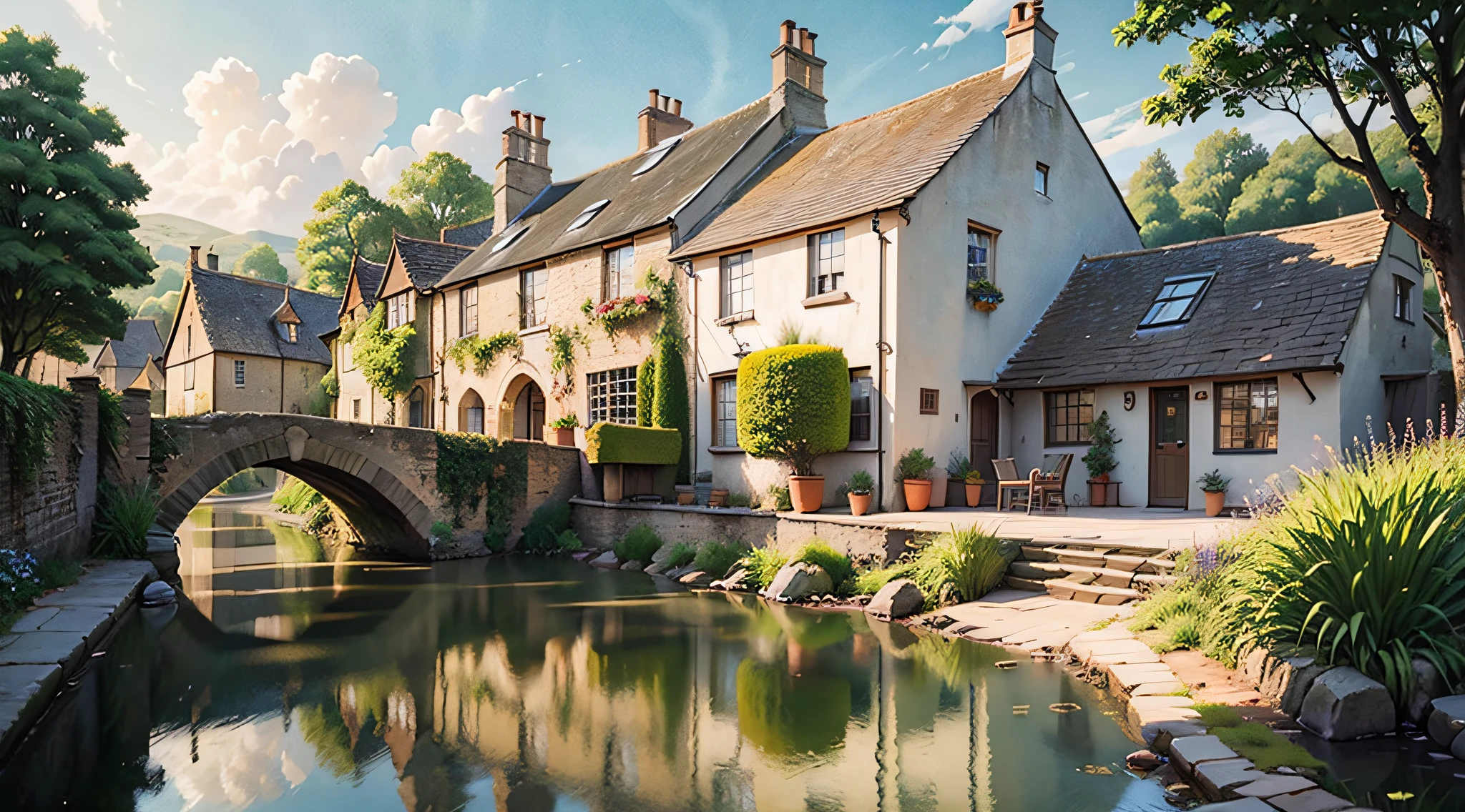 Generate a captivating watercolor painting that beautifully showcases the charming towns of The Cotswolds. Capture the idyllic charm of the rolling hills, quaint stone cottages, and blooming gardens that define this quintessential English countryside. Use soft, delicate brushstrokes and a watercolor palette to create a realistic and ethereal effect. Let the colors be vibrant yet gentle, reflecting the natural beauty of the landscapes. The composition should evoke a sense of tranquility and whimsy, inviting viewers to wander through the picturesque towns of The Cotswolds. Transport them to a place of serenity and rural enchantment, where time seems to stand still. Bring to life the magic of The Cotswolds in this stunning watercolor painting. --auto