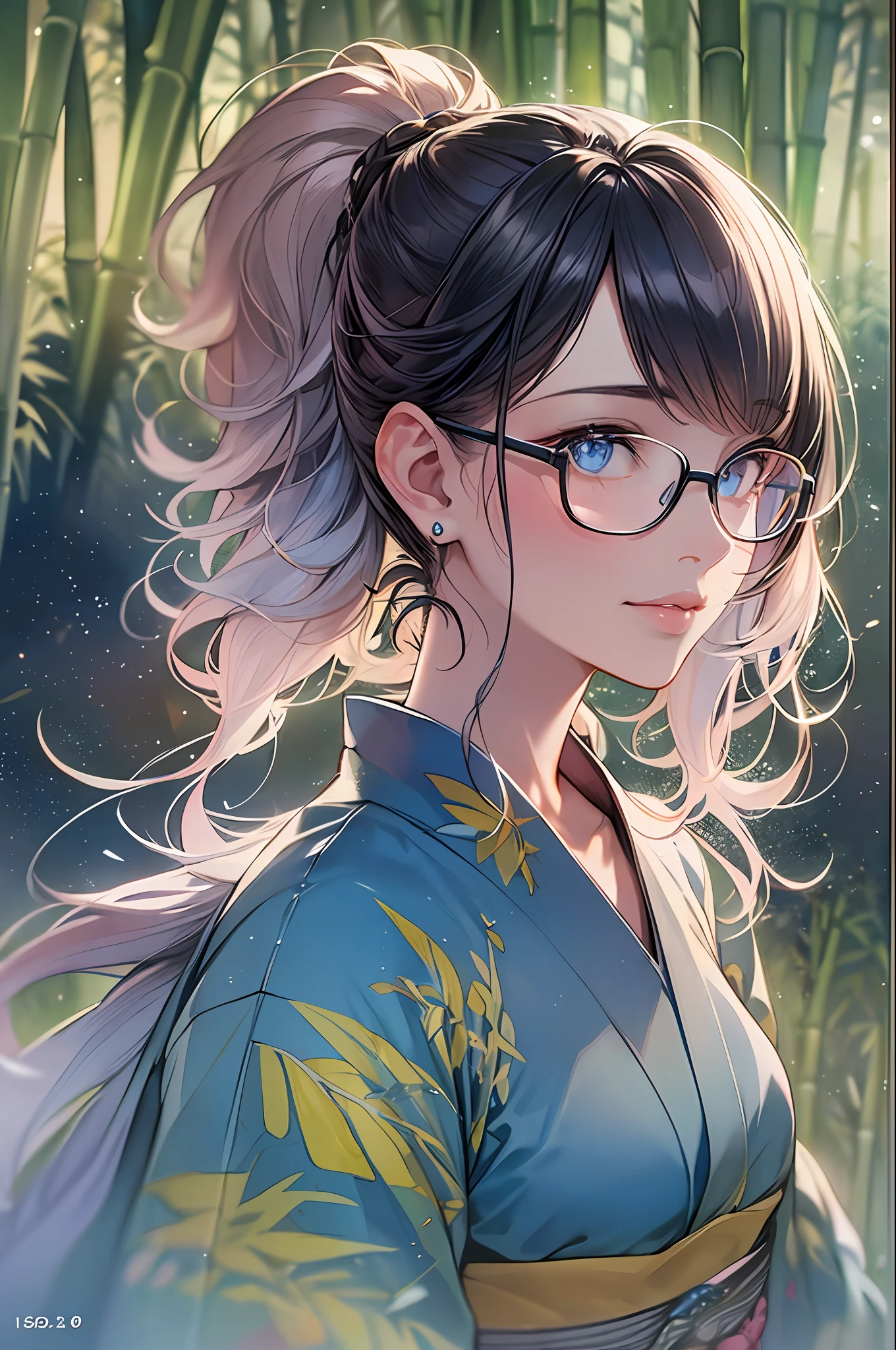 ((Masterpiece, Masterpiece, Top Quality, Watercolor, Pendant)), Official Art, Beautiful and Aesthetic: 1.2), (Golden Ratio: 1.2), (Full Body: 1.2), (Super Detail: 1.3), (1 Girl: 1.3), (Fractal Art: 1.3), (Glitter Pupil)), Pattern, (iridescent hair, colorful hair, half blue and half pink hair: 1.2)), Colorful, (glasses), Writing, (heterochromia), (Colorful: 1.5), (bare skin of a yukata)), (((Hakata Yukata)), night sky, starry sky, (((shy face)), ((hyper detail)), (delicate detail)), (complex detail), ((cinematic light, highest quality backlight)), high contrast, (best lighting, very delicate and beautiful))), ((( Cinematic Light)), (Trace Reflection, Shine), (Glowing Aura)), (Hair Shine)), ((Super Detail)), ((8K)), ((Beautiful Lips)), (Face Close-Up)), Colorful Lens Reflection, Masterpiece, Best Quality, (Realistic, Photorealistic: 1.4), (RAW Photo: 1.2), 1 Girl, (Smile: 1.5), Ponytail, ( Japan Light blue kimono: 1.5), looking up at the sky, night, outdoor, landscape, (bamboo forest: 1.3), (Milky Way: 1.3), shooting stars, full moon, skyline, skyscraper, starry sky, photorealistic, ((large bamboo bamboo in background))