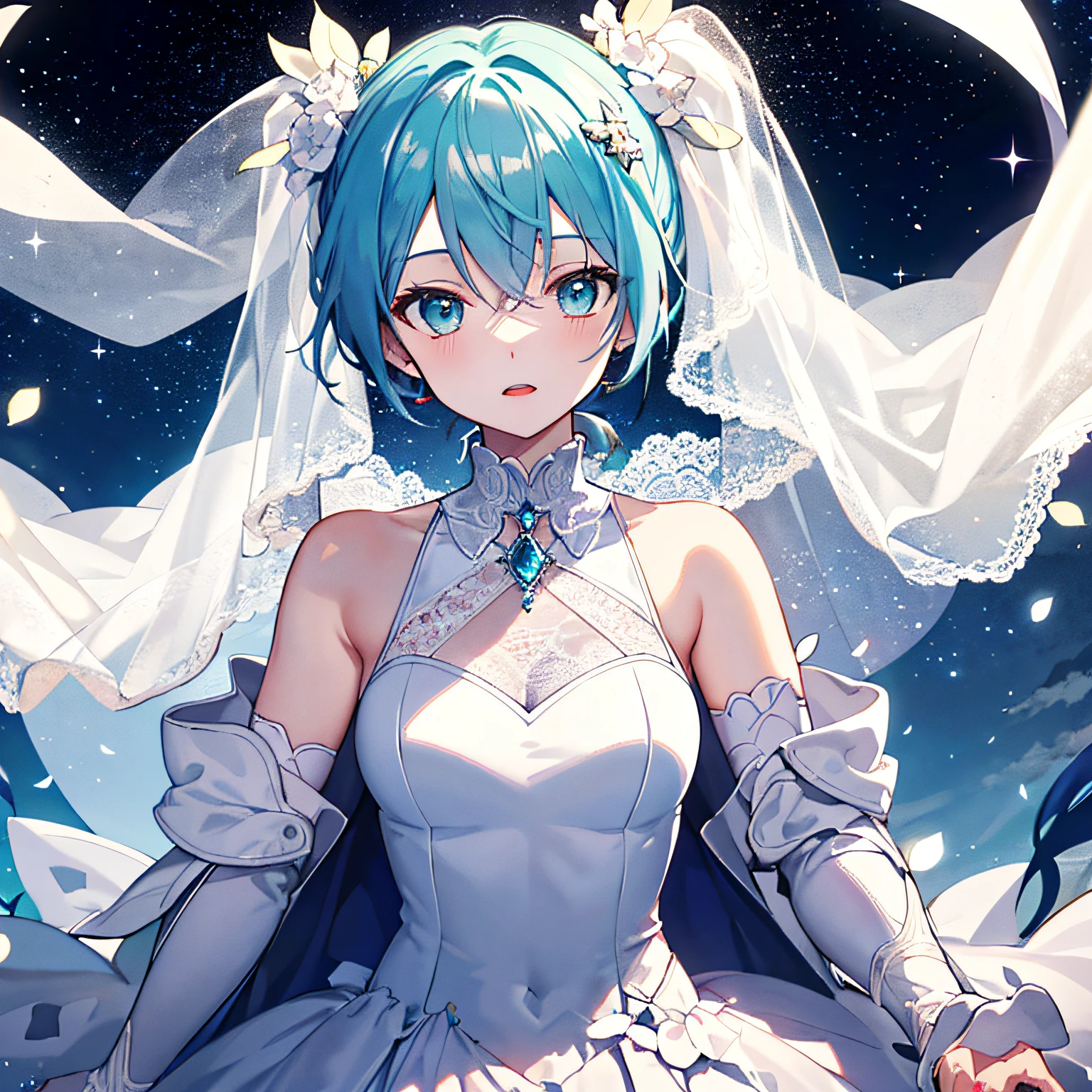 Miku, wedding dress, starry sky, aesthetic, 4k, solo, dynamic, strong expressiveness