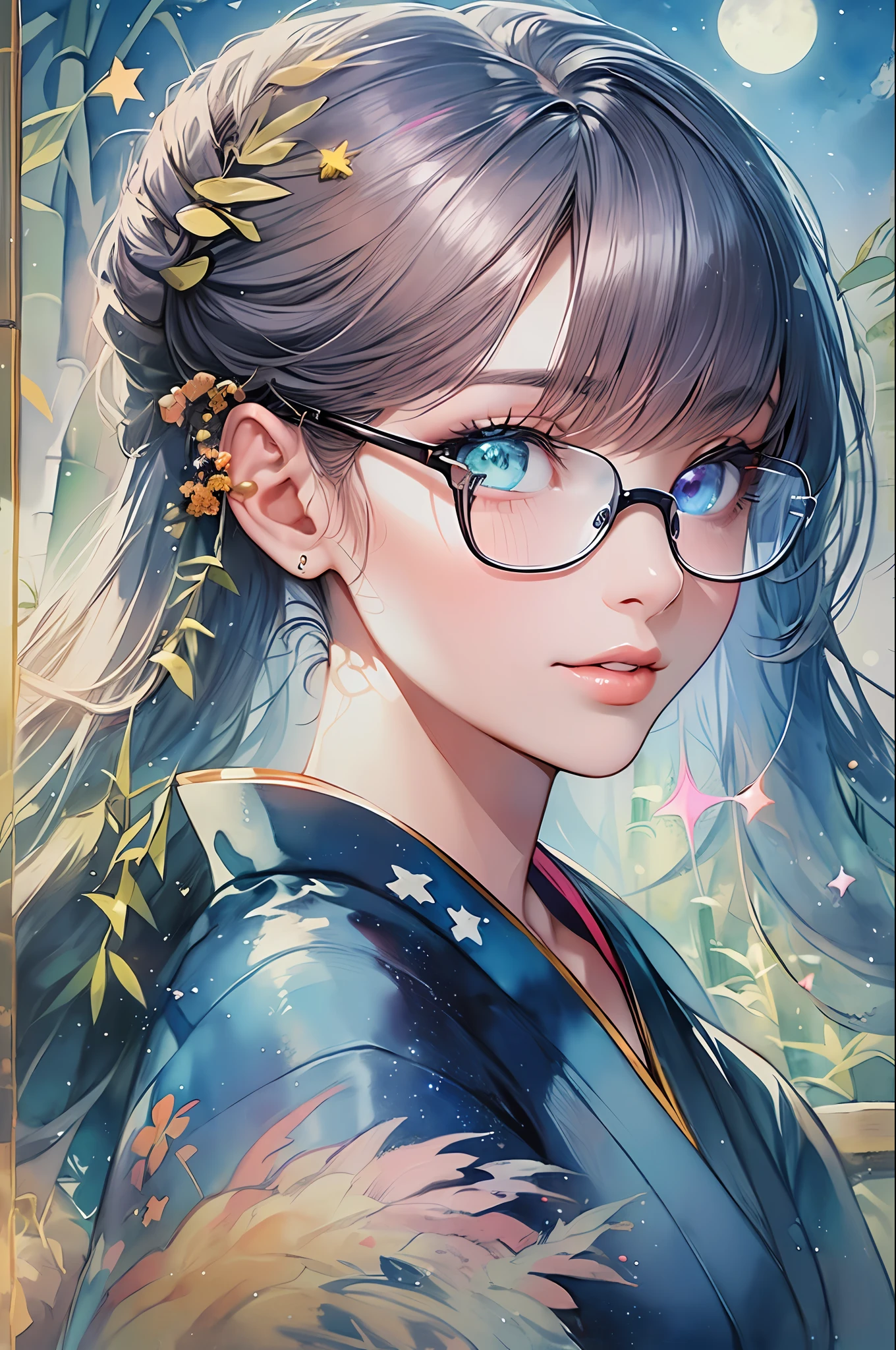 ((Masterpiece, Masterpiece, Top Quality, Watercolor, Pendant)), Official Art, Beautiful and Aesthetic: 1.2), (Golden Ratio: 1.2), (Full Body: 1.2), (Super Detail: 1.3), (1 Girl: 1.3), (Fractal Art: 1.3), (Glitter Pupil)), Pattern, (iridescent hair, colorful hair, half blue and half pink hair: 1.2)), Colorful, (glasses), Writing, (heterochromia), (Colorful: 1.5), (bare skin of a yukata)), (((Hakata Yukata)), night sky, starry sky, (((shy face)), ((hyper detail)), (delicate detail)), (complex detail), ((cinematic light, highest quality backlight)), high contrast, (best lighting, very delicate and beautiful))), ((( Cinematic Light)), (Trace Reflection, Shine), (Glowing Aura)), (Hair Shine)), ((Super Detail)), ((8K)), ((Beautiful Lips)), (Face Close-Up)), Colorful Lens Reflection, Masterpiece, Best Quality, (Realistic, Photorealistic: 1.4), (RAW Photo: 1.2), 1 Girl, (Smile: 1.5), Ponytail, ( Japan Light blue kimono: 1.5), looking up at the sky, night, outdoor, landscape, (bamboo forest: 1.3), (Milky Way: 1.3), shooting stars, full moon, skyline, skyscraper, starry sky, photorealistic, ((large bamboo bamboo in background))