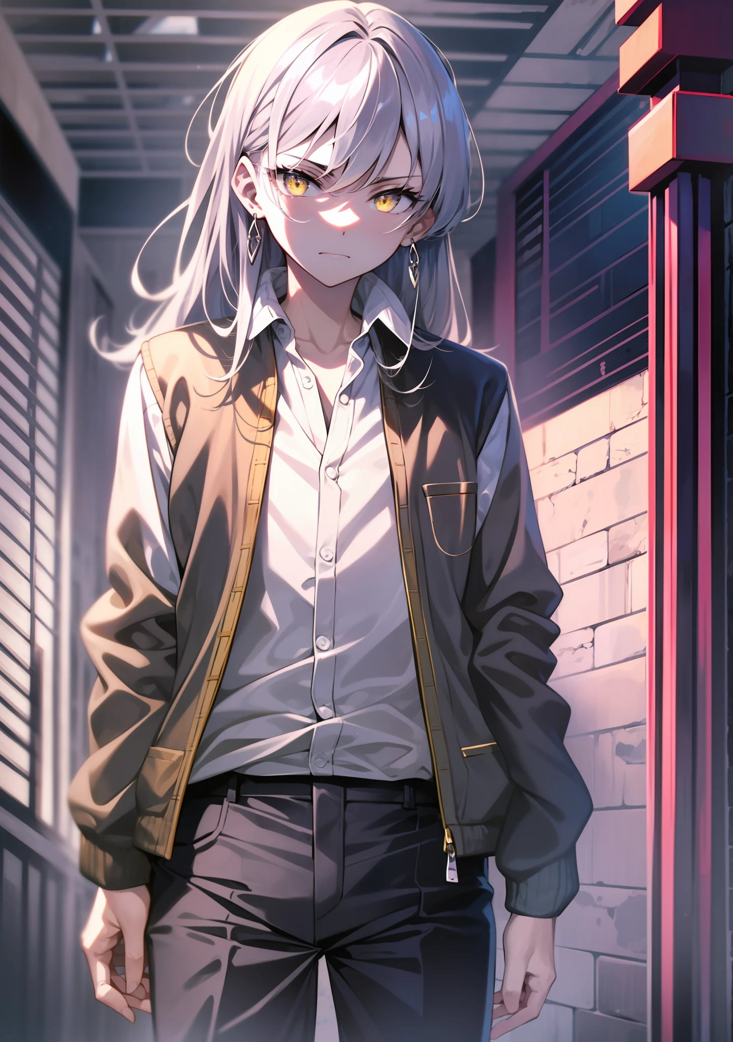 best quality, super detailed illustration, 1 boy, yellow eyes, sad old town, high quality, anime, arrogant smile, gray long hair,in a white shirt with a gray vest on top, a long jacket of lilac color, in shorts, high quality, full height, mysterious pose