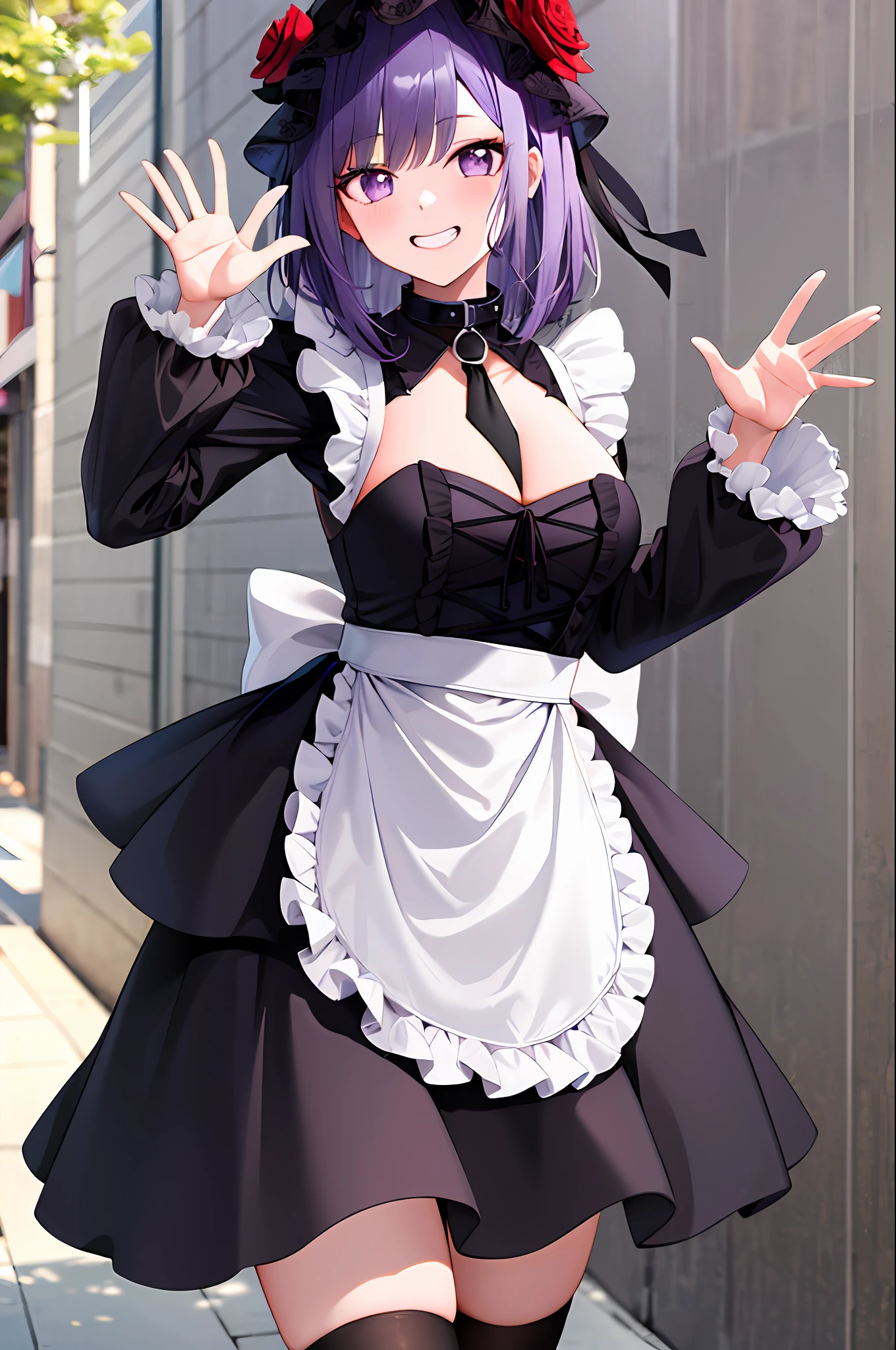 masterpiece, best quality, highres, kitagawa marin, 1girl, purple hair, medium hair, purple eyes, bonnet, red rose, collar, gothic, frills, black dress, black necktie, cleavage, long sleeves, white apron, thighhighs, grin, waving, street, cowboy shot,