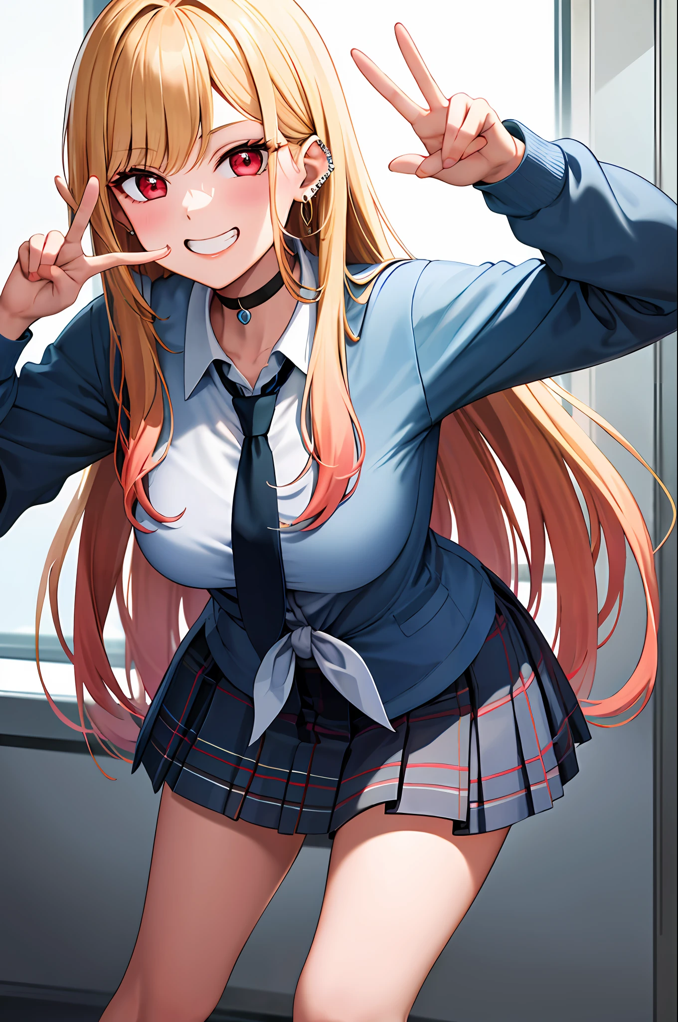 masterpiece, best quality, highres, kitagawa marin, 1girl, blonde hair, long hair, multicolored hair, red eyes, jewelry, earrings, piercing, school uniform, white shirt, tied shirt, black choker, blue necktie, plaid skirt, leaning forward, grin, peace sign