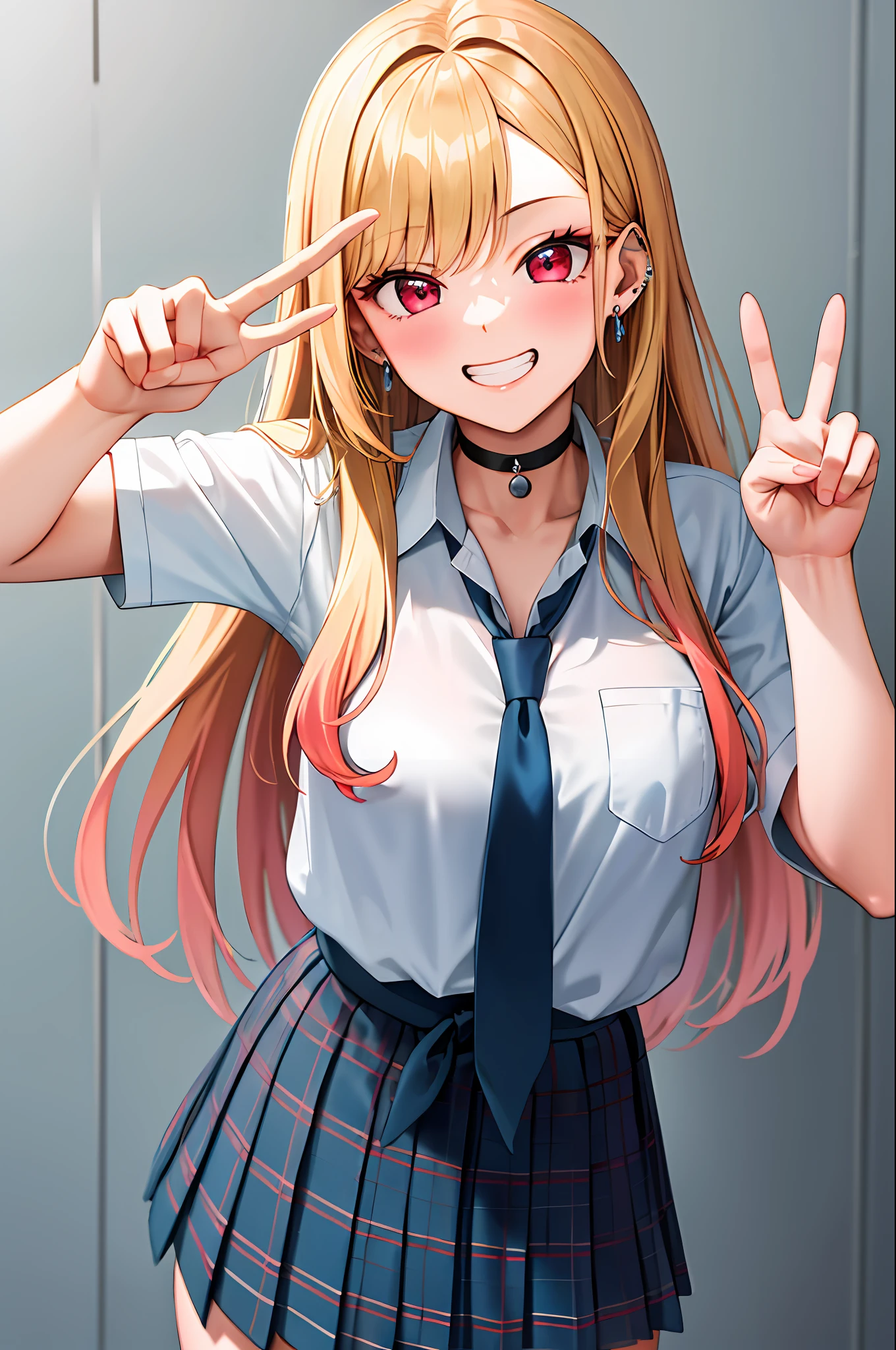 masterpiece, best quality, highres, kitagawa marin, 1girl, blonde hair, long hair, multicolored hair, red eyes, jewelry, earrings, piercing, school uniform, white shirt, tied shirt, black choker, blue necktie, plaid skirt, leaning forward, grin, peace sign