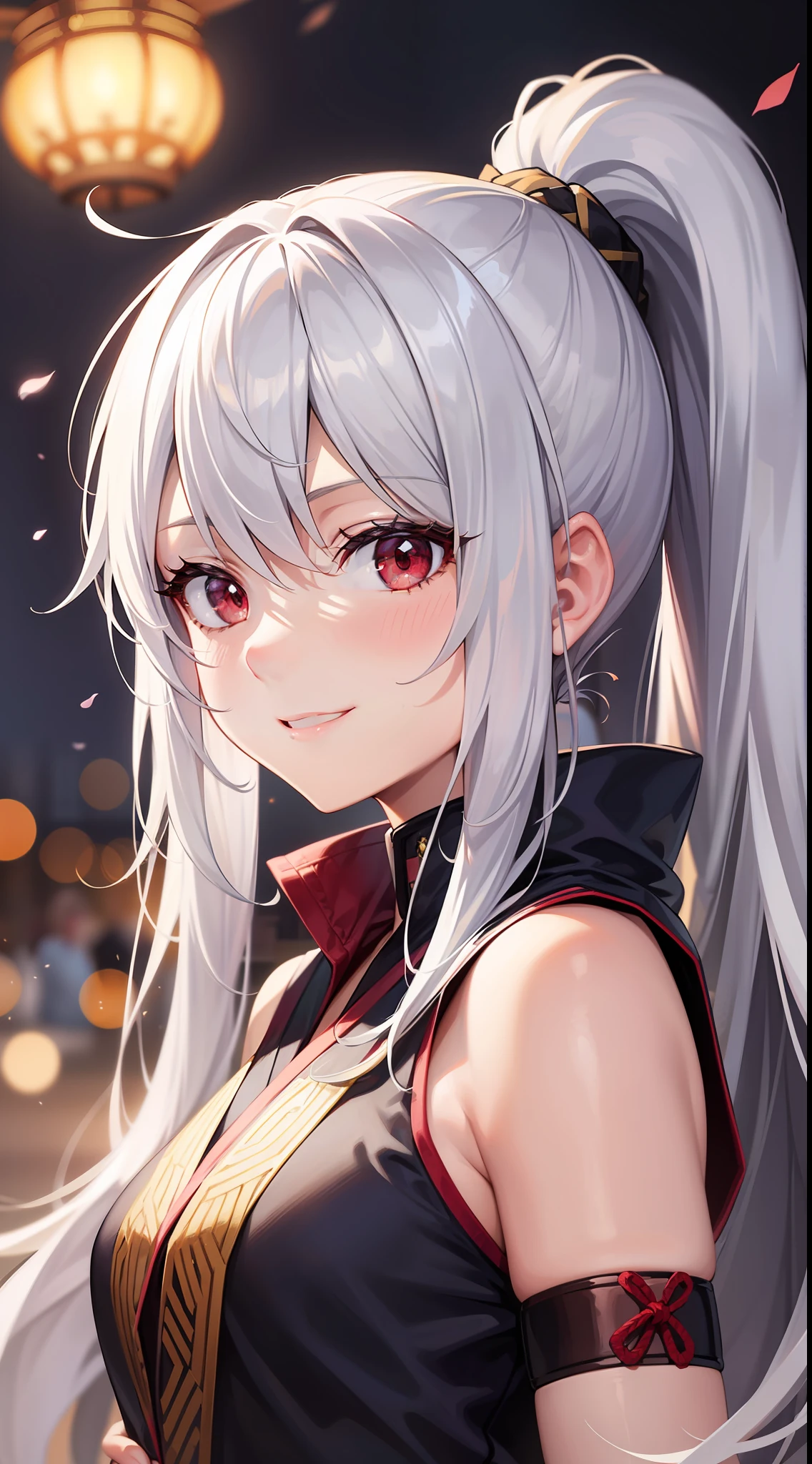 Young girl, long white hair, high ponytail, red eyes, blue sleeveless samurai kimono, smile, masterpiece, high quality