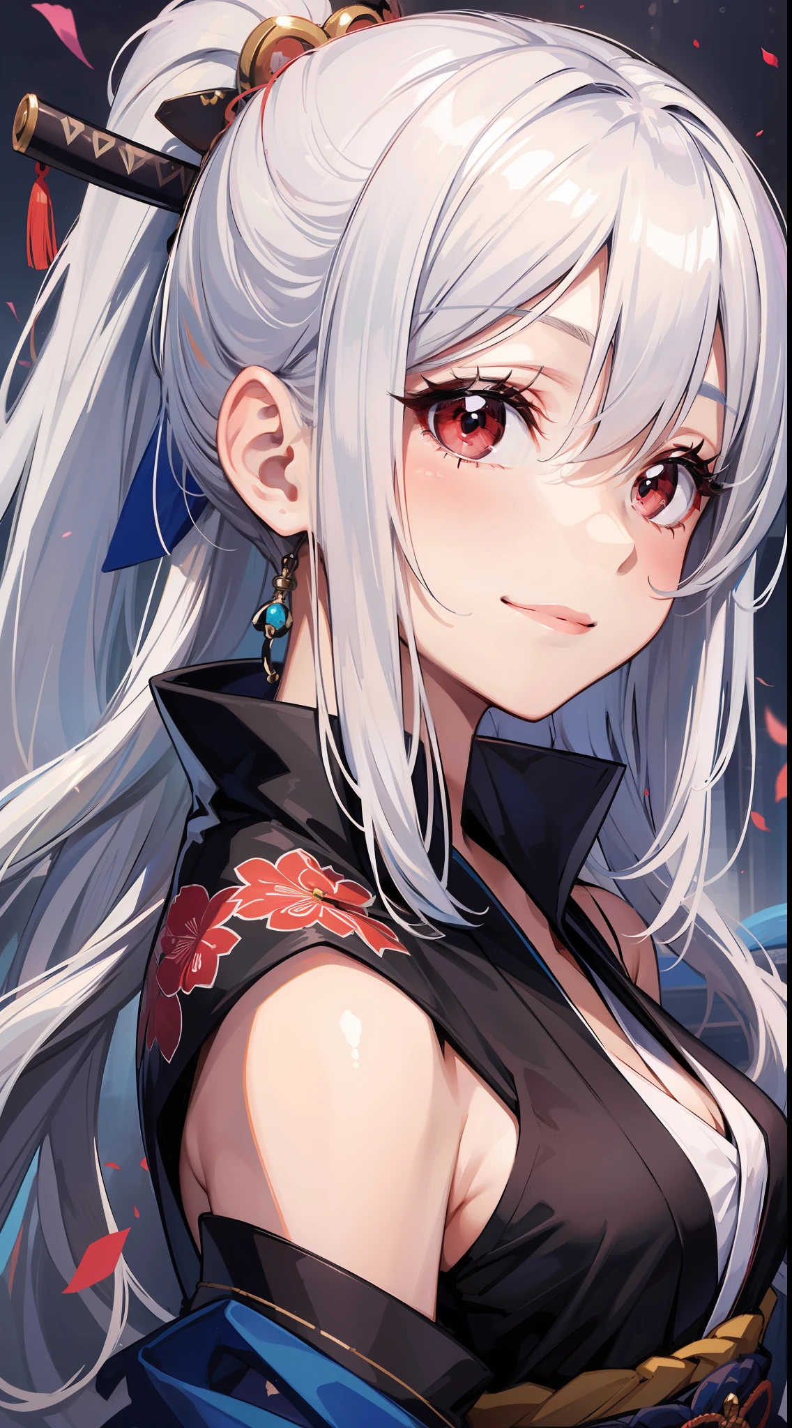 Young girl, long white hair, high ponytail, red eyes, blue sleeveless samurai kimono, smile, masterpiece, high quality