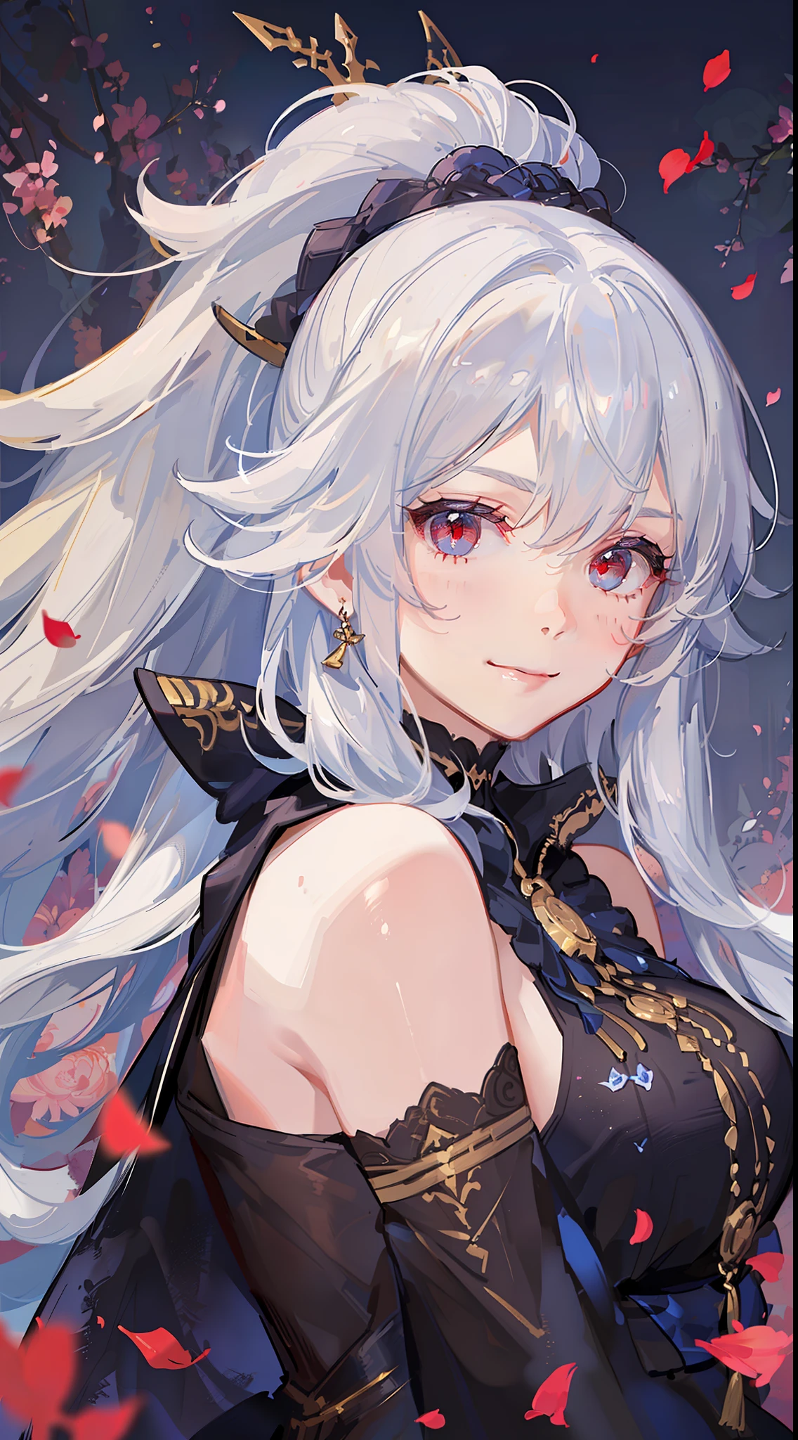 Young girl, long white hair, high ponytail, red eyes, blue sleeveless samurai kimono, smile, masterpiece, high quality