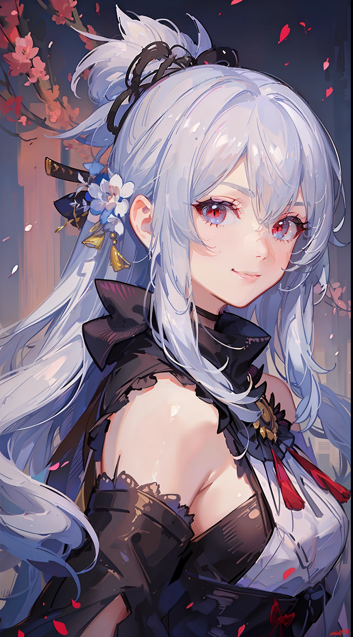 Young girl, long white hair, high ponytail, red eyes, blue sleeveless samurai kimono, smile, masterpiece, high quality