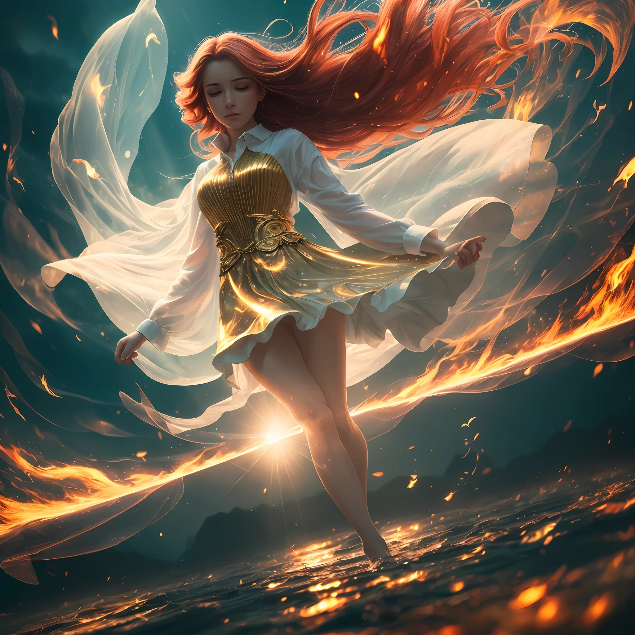 1 woman floating in the air, surrounded by ethereal flames. She may have long red hair, which seems to be in constant motion, as if dancing in the air. His eyes could shine brightly, emitting a golden or greenish light, revealing his supernatural nature. Your skin could have a pale, translucent hue, with subtle mystical patterns reminiscent of flames, backlighting, reflection light, god rays, blurry, cinematic lighting, motion blur, masterpiece, best quality, masterpiece, super detail, high quality, best quality, 16k, HD, high details
