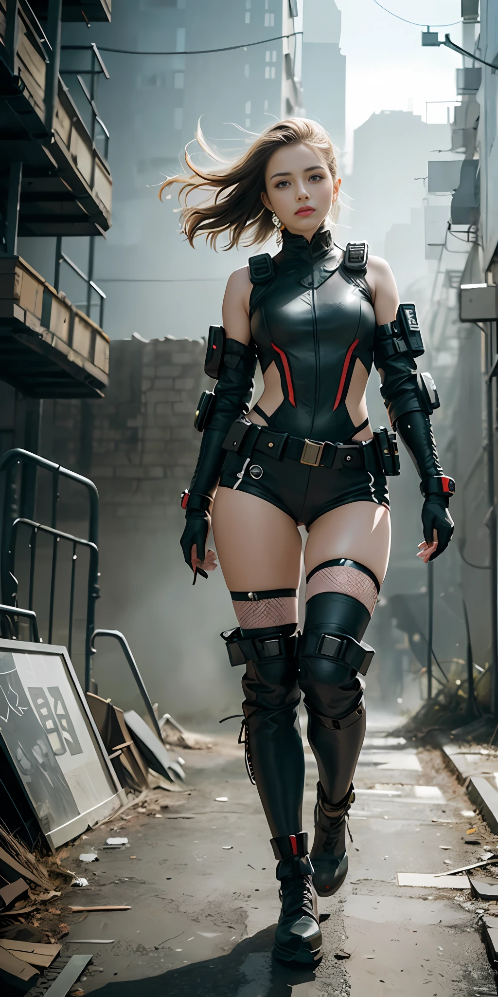 (1girl:1.3), Solo, (((Very detailed face)))), ((Very detailed eyes and face)))), Beautiful detail eyes, Body parts__, Official art, Unified 8k wallpaper, Super detailed, beautiful and beautiful, beautiful, masterpiece, best quality, original, masterpiece, super fine photo, best quality, super high resolution, realistic realism, sunlight, full body portrait, amazing beauty, dynamic pose, delicate face, vibrant eyes, (from the front), She wears a combat suit, black and red color scheme, female military uniform, very detailed abandoned warehouse background, detailed face, detailed complex busy background, messy, gorgeous, milky white, highly detailed skin, realistic skin details, visible pores, clear focus, volumetric fog, 8k uhd, DSLR camera, high quality, film grain, fair skin, photo realism, lomography, futuristic dystopian giant metropolis, seen from below, translucent