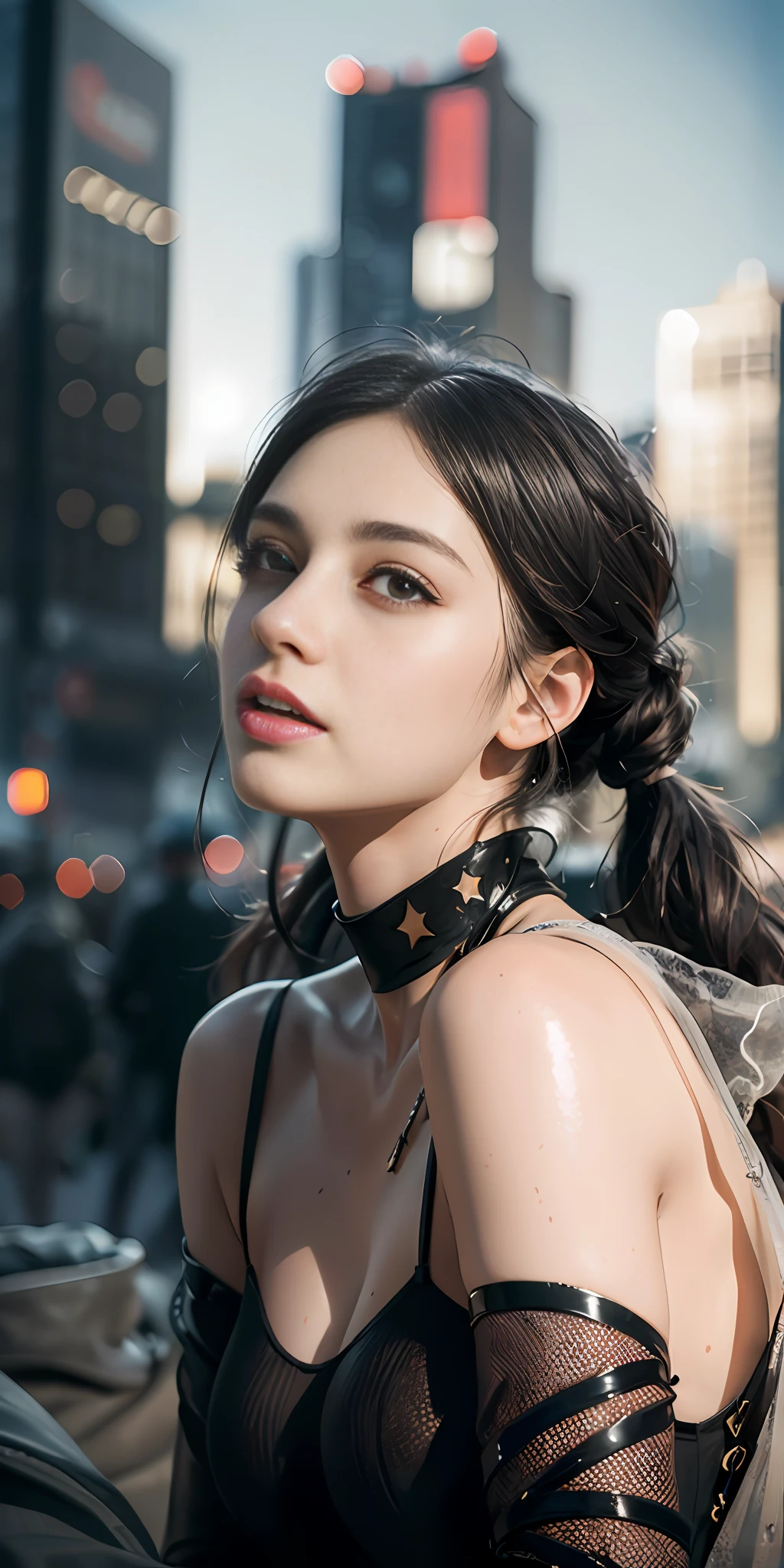 (1girl:1.3), Solo, (((Very detailed face)))), ((Very detailed eyes and face)))), Beautiful detail eyes, Body parts__, Official art, Unified 8k wallpaper, Super detailed, beautiful and beautiful, beautiful, masterpiece, best quality, original, masterpiece, super fine photo, best quality, super high resolution, realistic realism, sunlight, full body portrait, amazing beauty, dynamic pose, delicate face, vibrant eyes, (from the front), She wears a combat suit, black and red color scheme, female military uniform, very detailed abandoned warehouse background, detailed face, detailed complex busy background, messy, gorgeous, milky white, highly detailed skin, realistic skin details, visible pores, clear focus, volumetric fog, 8k uhd, DSLR camera, high quality, film grain, fair skin, photo realism, lomography, futuristic dystopian giant metropolis, seen from below, translucent