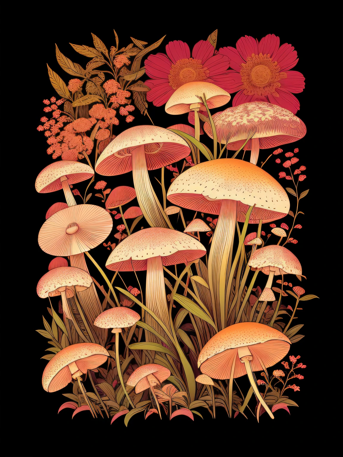 Paper craft style mushrooms and flowers by Ernst Haeckel Maria Sibylla Merian. Tristan Eaton, Victo Me, Artgerm, Rahads, Ross Draws, Kaethe Butcher, Hajime Sorayama, Greg Tocchini, Virgil Finlay, Science Fiction, Color, Neon. Digital painting, pixiv, Ilya Kuvshinov