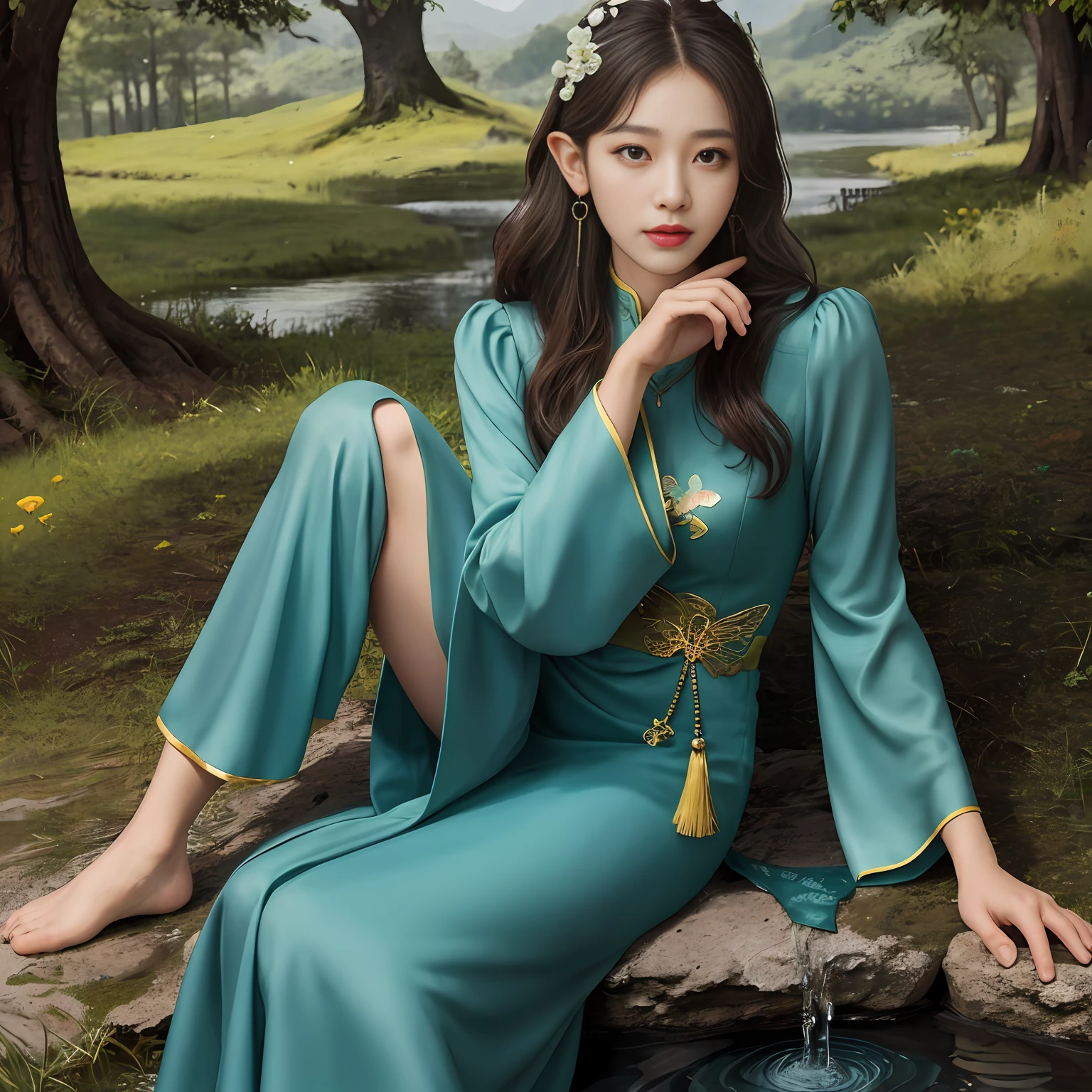 Super fine 8K, best quality, highly detailed, masterpiece, realistic, rich detail, photo realism, 1 girl, sitting, meadow, woods, butterfly, small flower, wonderland, elf, castle, dreamy, realistic, exquisite, hair ornament, water, running water, long hair, frieze , jewelry, earrings, brunette hair, costume, flower, tassel, mountain, lake, cheongsam, forehead marks, green skirt, long sleeves, hair flower