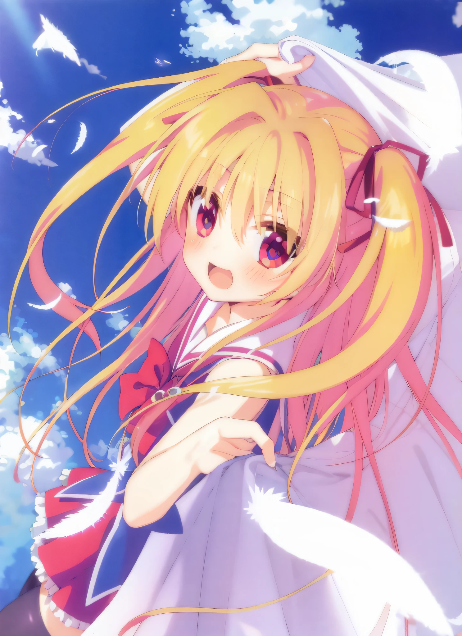 Anime girl with long blonde hair and crimson eyes in white dress,