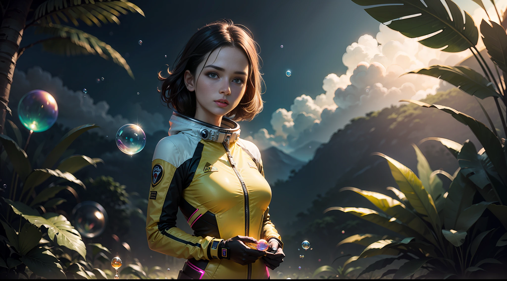 hd masterpiece, one standing woman space cadet looking at camera, detailed face, mid shot, golden suit, colorful clouds and ((neon soap bubbles)), jungles background