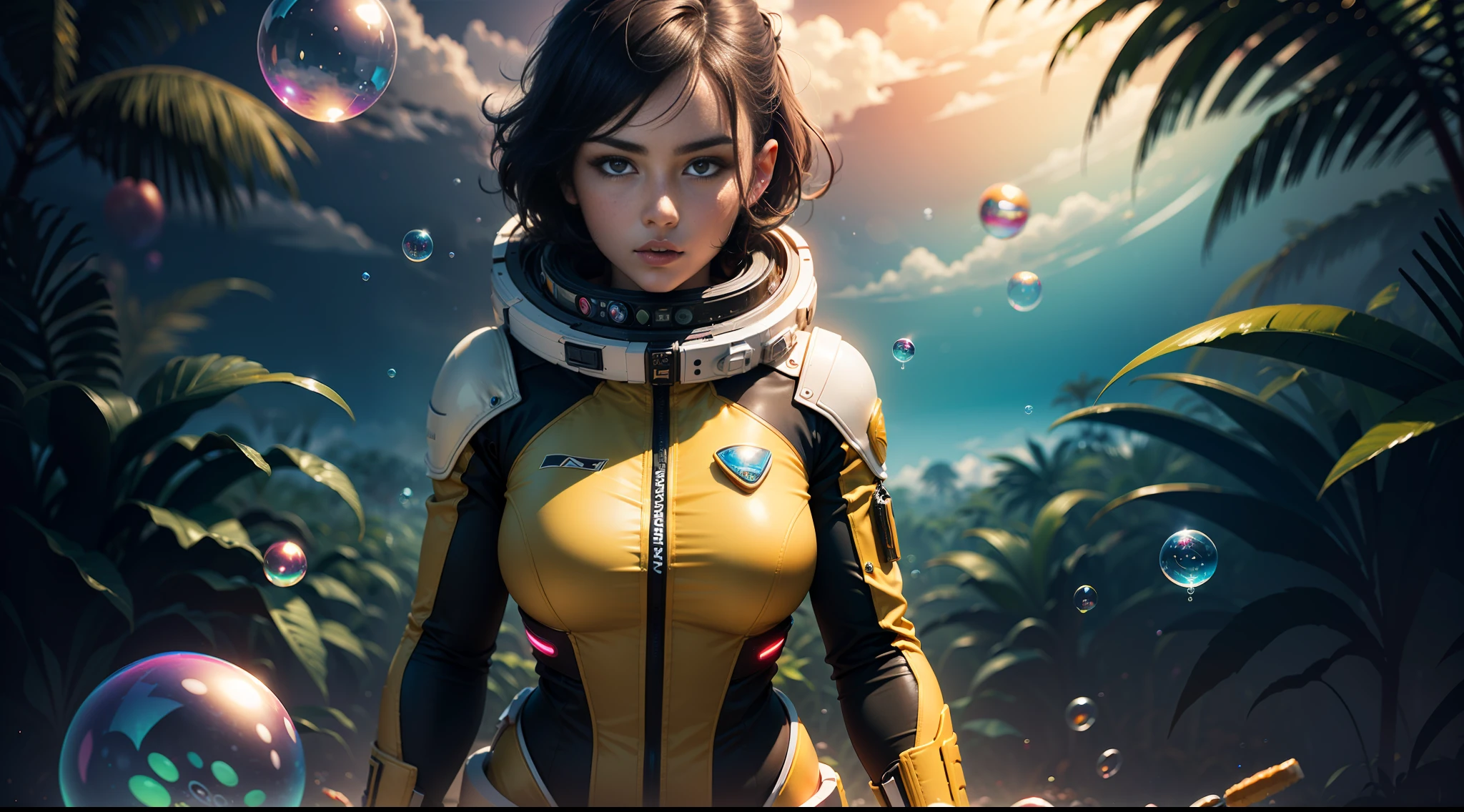 hd masterpiece, one standing woman space cadet looking at camera, detailed face, mid shot, golden suit, colorful clouds and ((neon soap bubbles)), jungles background