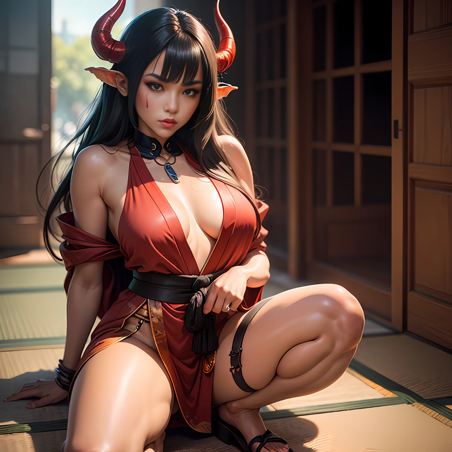 female oni, on knees, long hair, red skin, japanese oni horns, by Ilya Kuvshinov