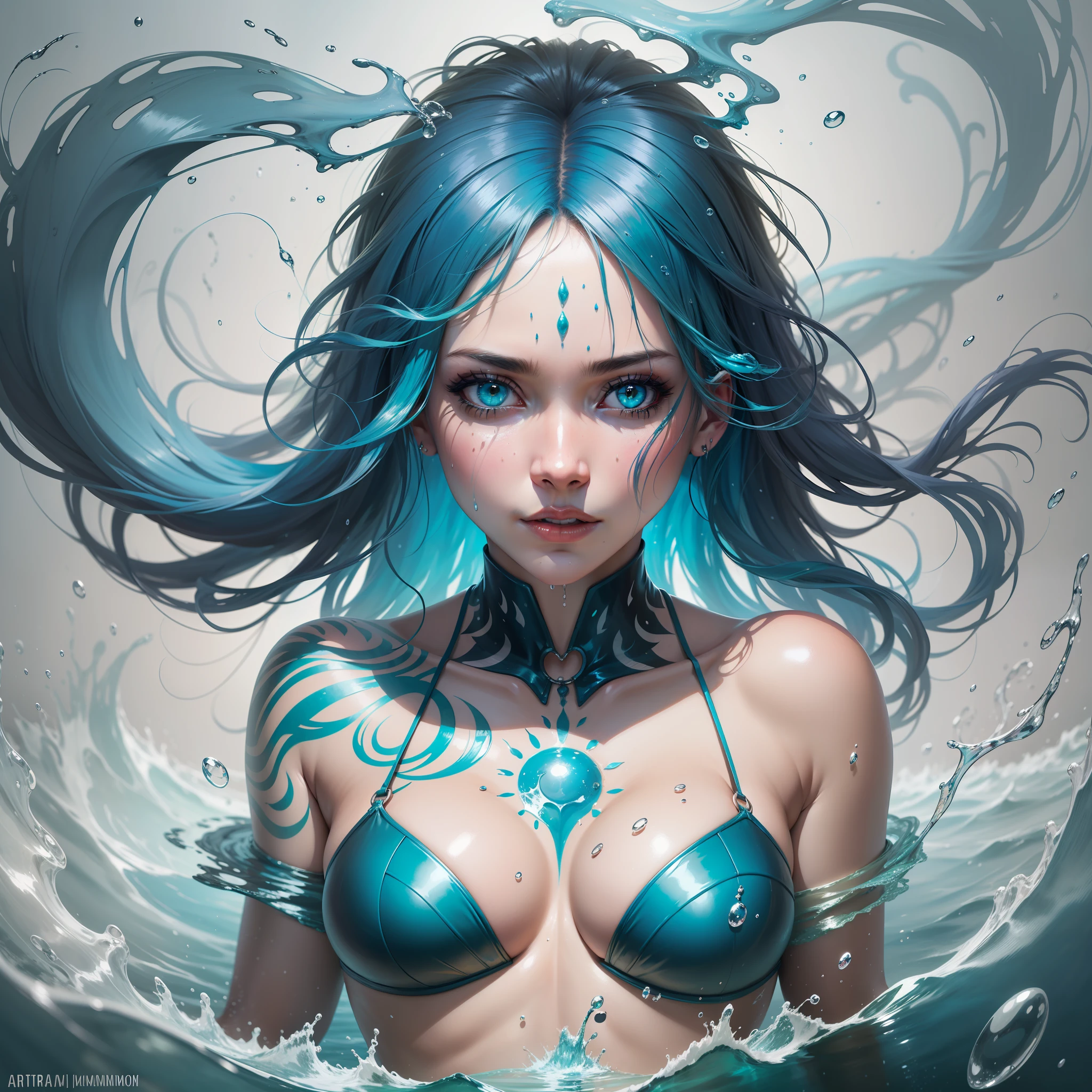 a half-body portrait of a mermaid woman made of water, half body submerged in water, in a lake, turquoise hair depicting as waterfall, wet, drops of water on face and body, tribal tattoos, natural body posture, rain, Art of Alberto Seveso, of Carne Griffiths, of Wadim Kashin, of jean baptiste monk, symmetrical, abstract art style, complex and intricate watercolor painting, sharp eyes, digital painting, explosion of colors, concept art, volumetric lighting, TanvirTamim, metallic reflections, 2d rendering, 8k. by artgerm, trend in artstation