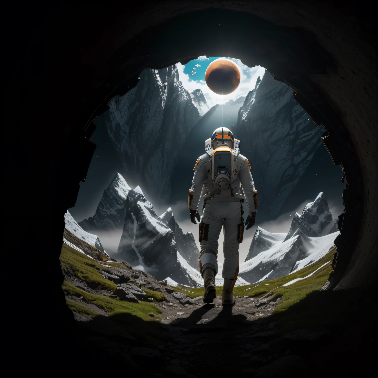 Front corner, highly detailed RAW color photo, front corner, full body, (male space warrior, wearing orange and white spacesuit, helmet, tinned mask, rebreather, prominent loot), outdoor, (looking up at advanced alien structures, on an alien planet), toned body, big ass, (sci-fi), (mountains: 1.1), (lush green vegetation), (two moons in the sky: 0.8), (very detailed, ultra-detailed, complex), ((day time)), ( lens flare:0.7), (bloom:0.7), particle effects, raytracing, cinematic lighting, shallow depth of field, photographed on a Sony a9 II, 50mm wide angle lens, sharp focus, cinematic film still from Gravity Time), (lens flare: 0.7), (bloom: 0.7), particle effects, ray tracing, cinematic lighting, shallow depth of field, shot on Sony a9 II, 50mm wide-angle lens, clear focus, motion picture film still images from Gravity 2013, from the front