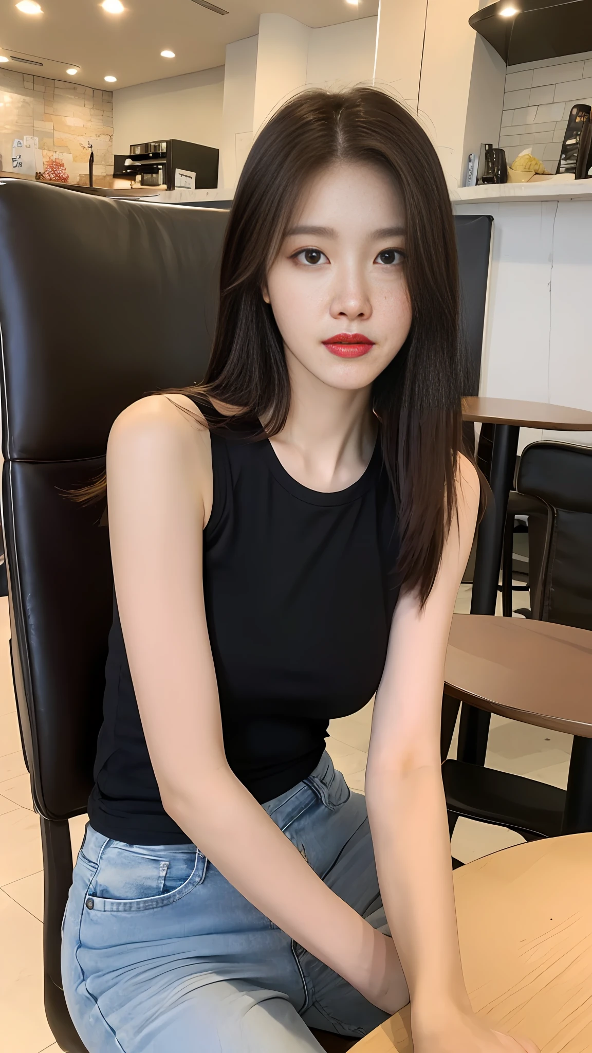 (Realistic, high resolution:1.2), 1 girl, super fine face and eyes, long hair, skinny black tank top, short jeans, sitting on coffee chair, in a café, coffee on the table, big breasts