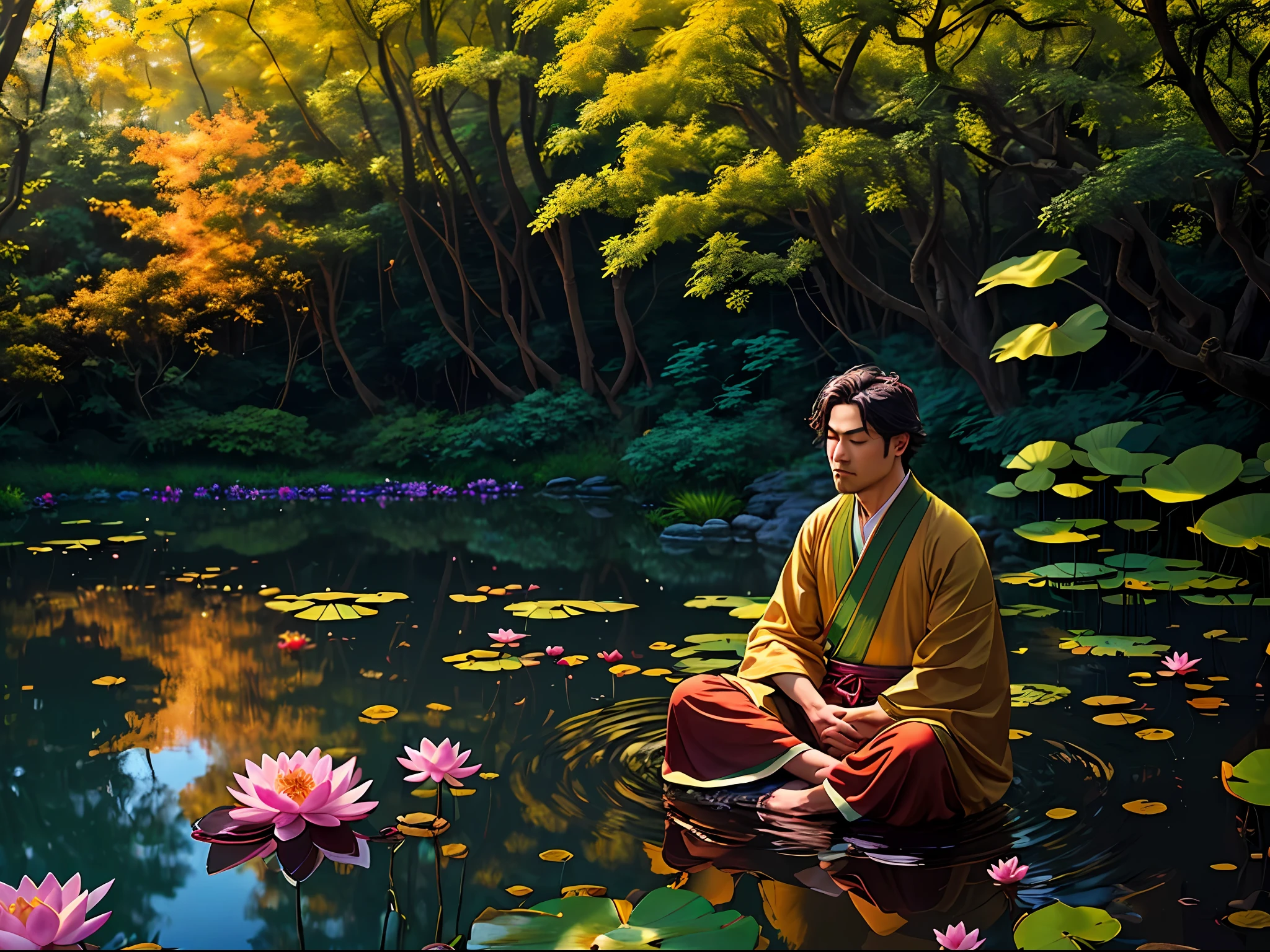 A serene garden with a monk deeply meditating on a vibrant pink lotus flower floating in a calm pond, rays of golden sunlight filtering through the lush green leaves of surrounding trees, creating a tranquil atmosphere. The monk sits with crossed legs, his eyes closed in deep concentration, his hands resting gently on his knees. His flowing saffron robe contrasts beautifully with the vivid colors of the flower and the serene blue water. The delicate petals of the lotus flower are perfectly formed, their intricate details showcasing their natural beauty. The monk's serene expression reflects a sense of inner peace and enlightenment. The scene is captured through the lens of a high-quality DSLR camera with a wide-angle lens, allowing for a rich depth of field, capturing every detail of the environment and the monk's presence. The image is rendered in a realistic photographic style, highlighting the vivid colors and subtle textures of the scene.