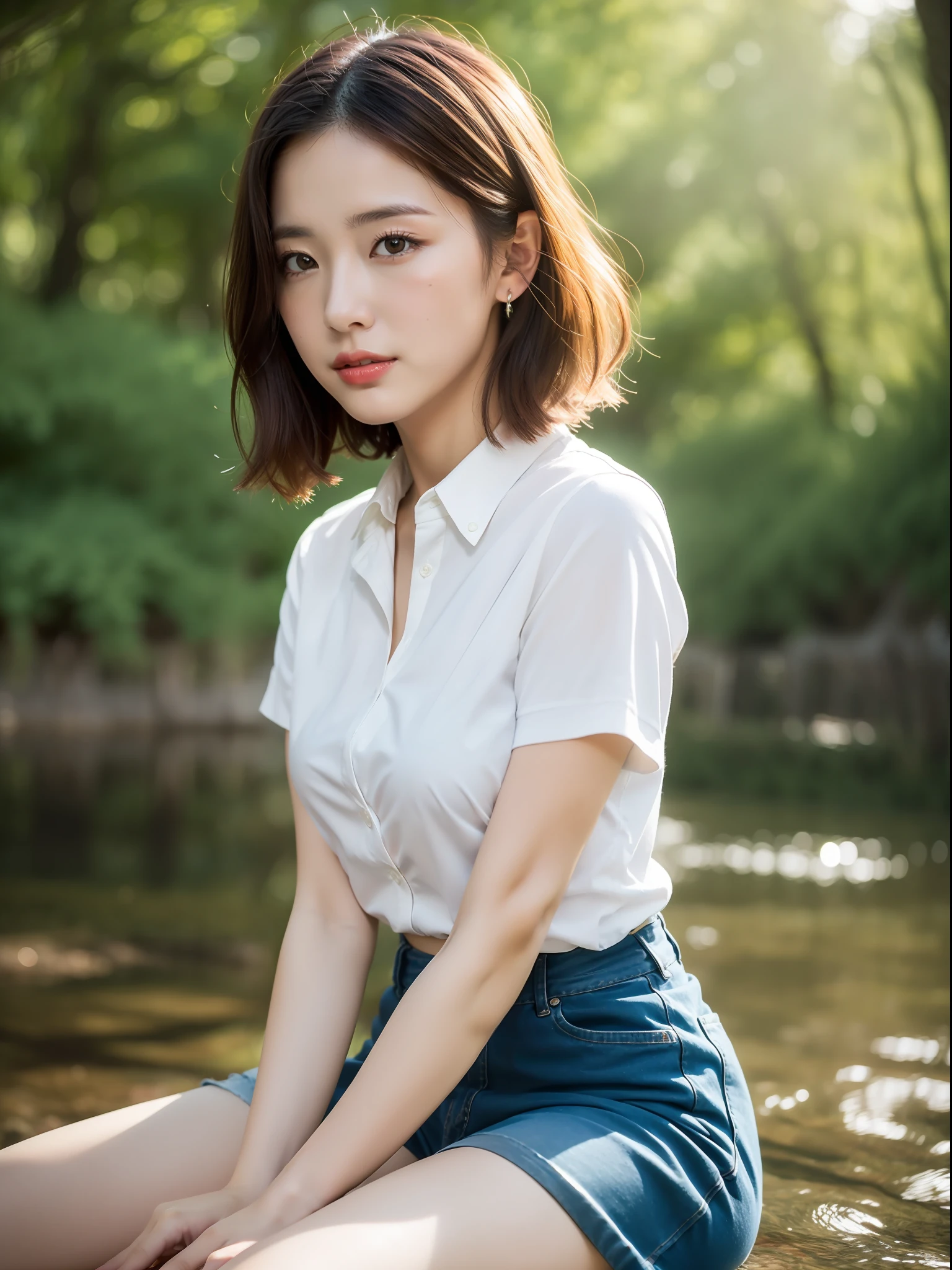 ((top quality, 8k, masterpiece: 1.3, raw photo)), sharp focus: 1.2, (1 aespa girl: 1.2), (realistic, photorealistic: 1.37), (face focus: 1.1), cute face, tenderness, small breasts, flat breasts, short messy hair, white shirt, beautiful woman sitting by the river in the forest, sunlight, movie lighting