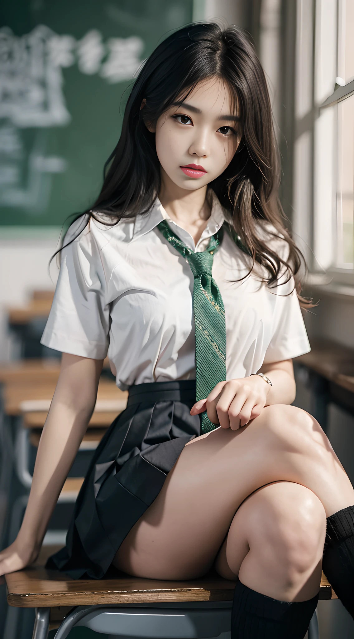 Long black hair, white skin, Chinese, young, thick eyebrows, black eyes, lip biting, white school uniform, green tie, small waist, blue short skirt, white socks, in the classroom, sitting on a desk, slim legs, brown school shoes, realistic, 8k, masterpiece, high resolution, high resolution, anatomically correct, high resolution, high resolution, inspired by Marin Kitagawa in anime