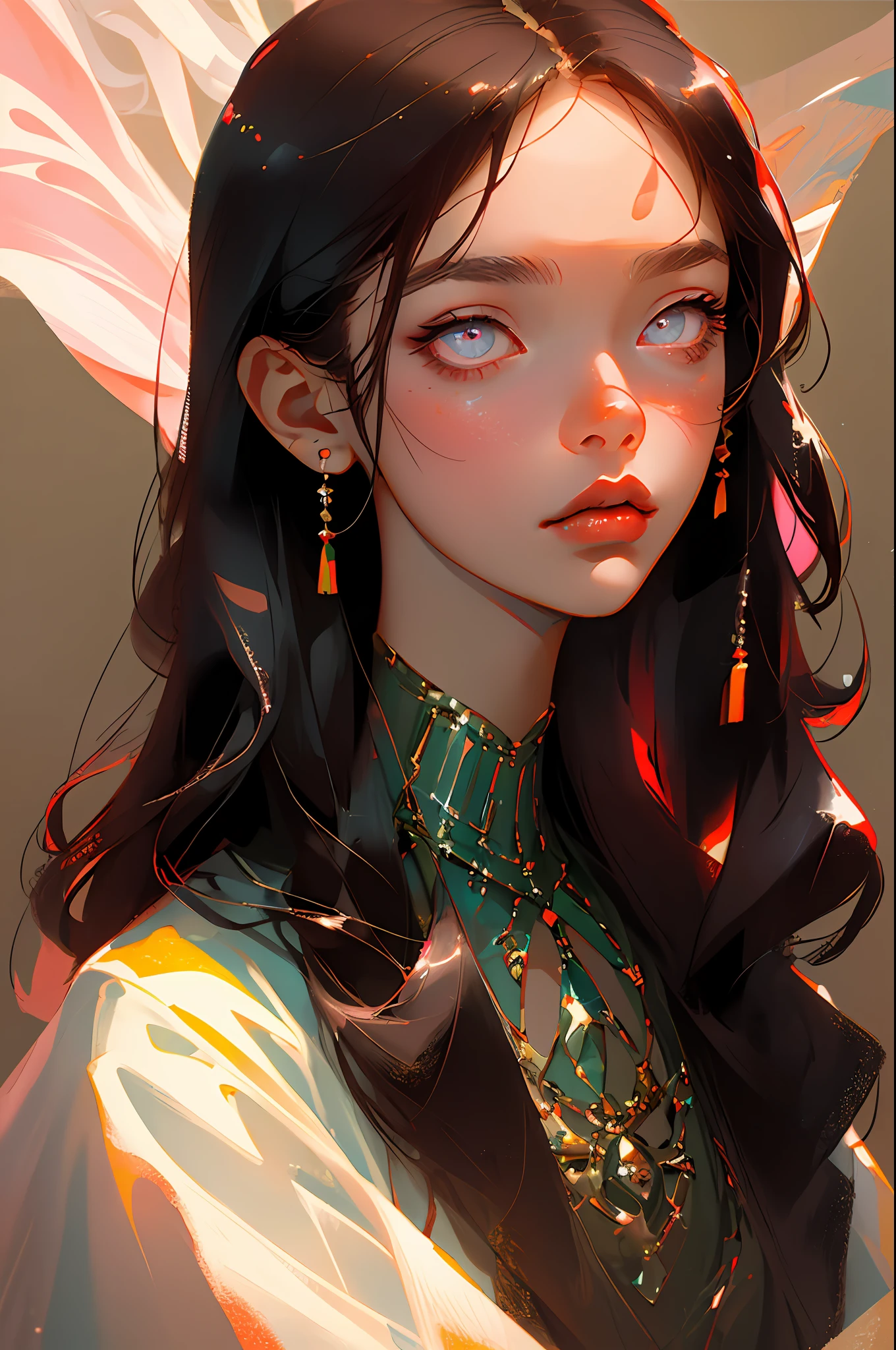 (best quality, masterpiece), 1girl, solo, face focus, detailed eyes, dark eyes, small pink mouth, small eyes, fixed gaze, dark hair, fine face details, elegant, studio background, studio lighting, high quality, focus on face and eyes.