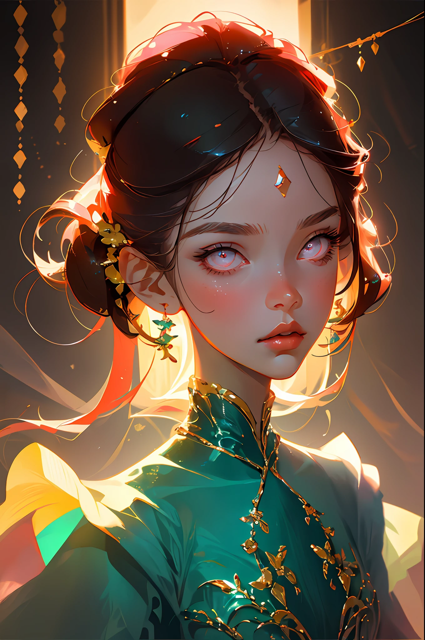 (best quality, masterpiece), 1girl, solo, face focus, detailed eyes, dark eyes, small pink mouth, small eyes, fixed gaze, dark hair, fine face details, elegant, studio background, studio lighting, high quality, focus on face and eyes.