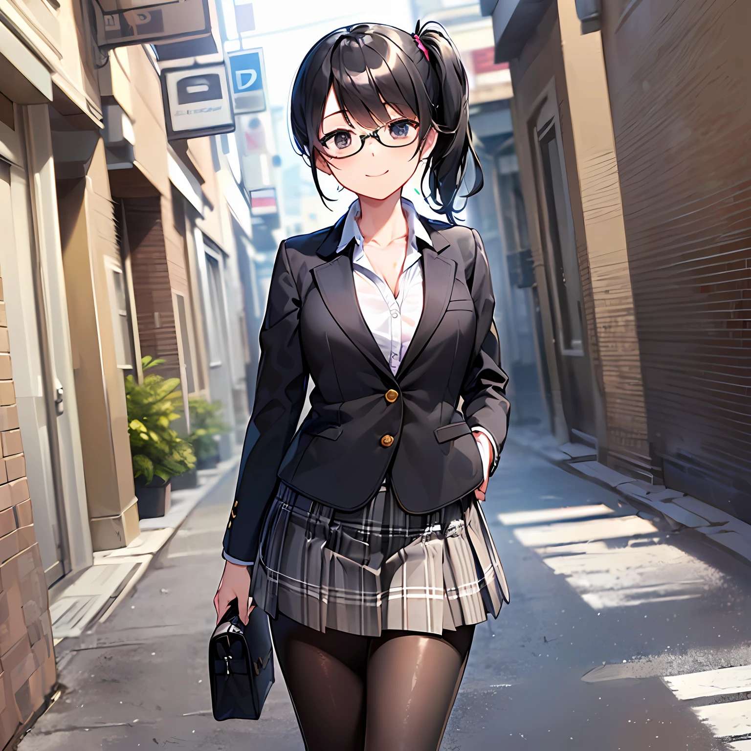 Super detailed, ((masterpiece, top quality, detailed)), natural light, white background, one girl, full body (standing facing the front), intellectual, neat, black-rimmed glasses, detailed hair (black hair long, side ponytail), uniform (blazer, plaid skirt, shiny black pantyhose, chest open), small breasts (petanko), black eyes (perfect eyes: 1.1), smile