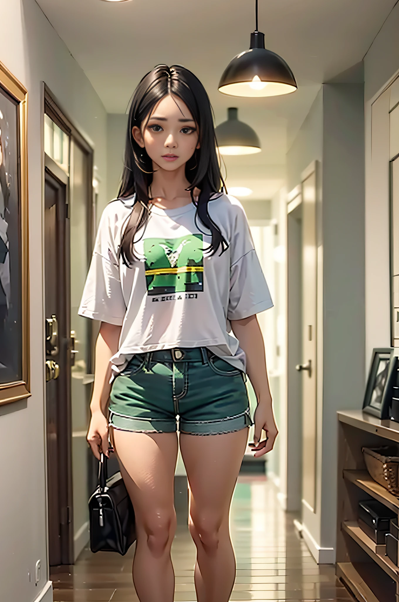 Senhhora (mother) called Ágatha (40 years old) full body, standing in the living room with a face of astonishment and with her mouth open - White, brown eyes, lips not too full, straight and long black hair, small hands, thin. wearing green shorts and white t-shirt, nonsense, best quality, (1girl:0.5)