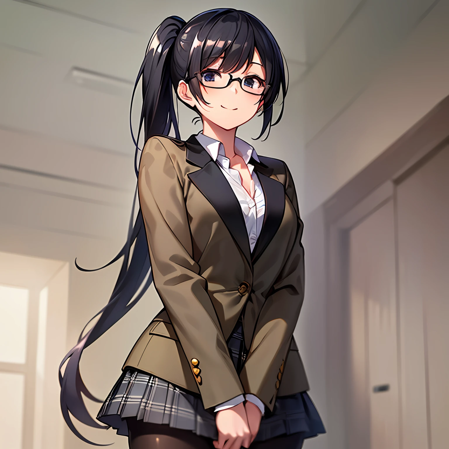 Super detailed, ((masterpiece, top quality, detailed)), natural light, white background, one girl, full body (standing facing the front), intellectual, neat, black-rimmed glasses, detailed hair (black hair long, side ponytail), uniform (blazer, plaid skirt, shiny black pantyhose, chest open), small breasts (petanko), black eyes (perfect eyes: 1.1), smile