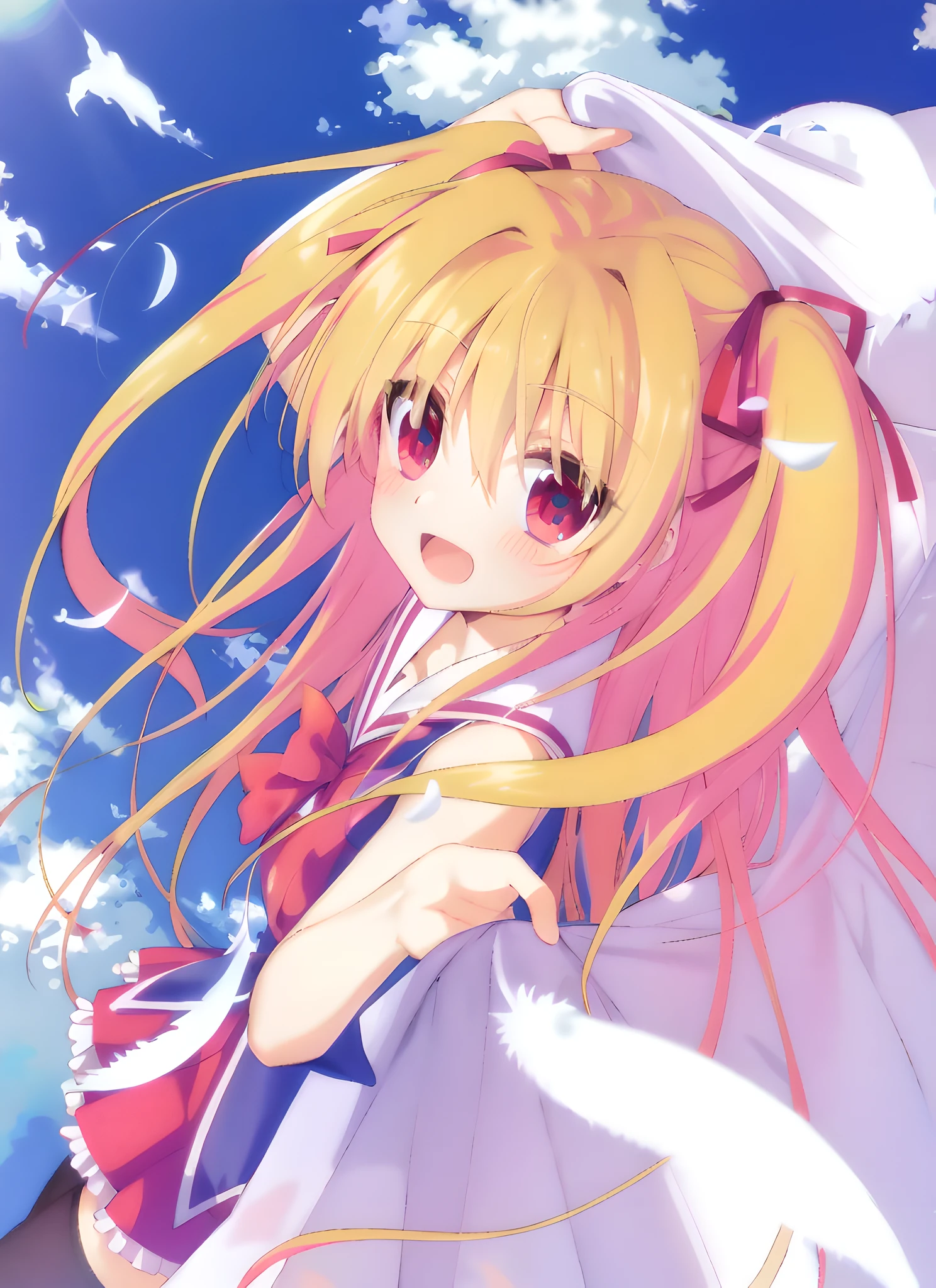 Anime girl with long blonde hair and crimson eyes in white dress,