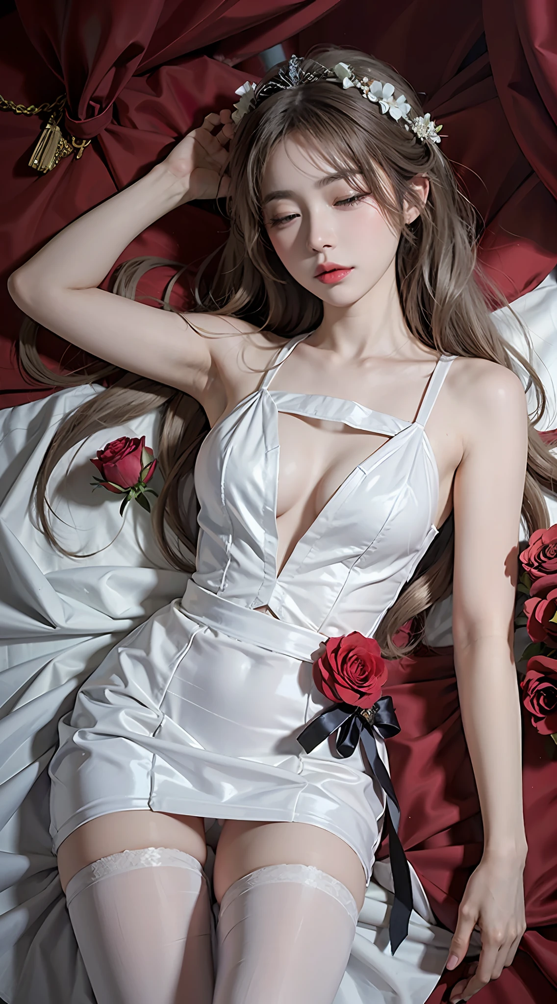 arafed woman in white dress lying on bed with roses, anime girl cosplay, sexy beautiful anime girl, sexy anime girl, charming elegant cosplay, amoranth, smooth white tights, barbie anime in white suit, pale porcelain skin, japanese goddess, cosplay anime, sakimichan franzzeta, anime goddess, closed eyes, sleeping goddess,(desert forest background: 1.8)