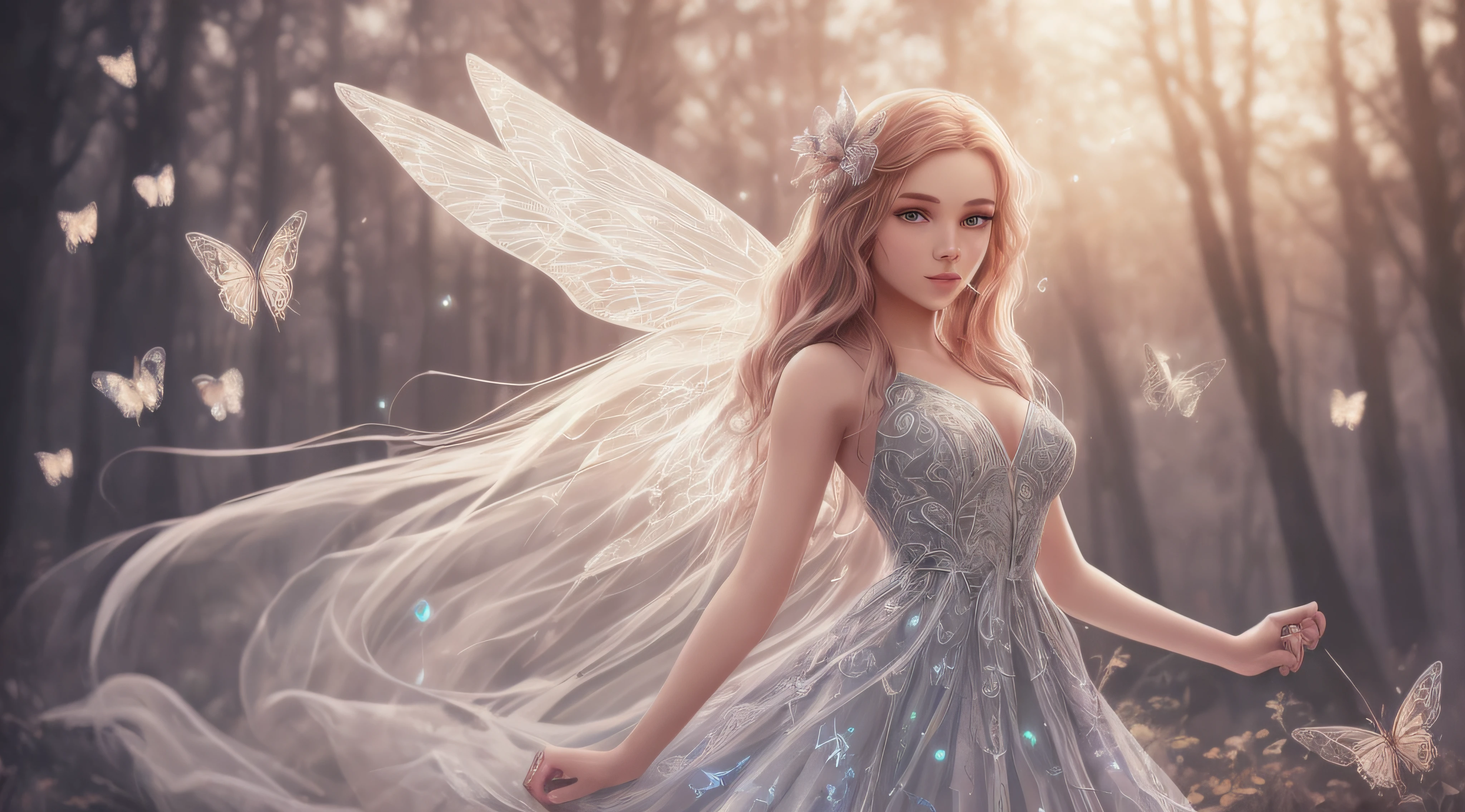 front view ultra detailed fairy with holographic flowy dress flying, holographic long dress, magical forest intricately detailed, butterflies, tiny fireflies, stuningly beautiful face, focus on face, dynamic pose, holographic, light particles, ultra detailed illustration by loish and artgerm, wlop, hit definition, 32k resolution, volumetric lighting, “best quality”, “masterpiece" --auto