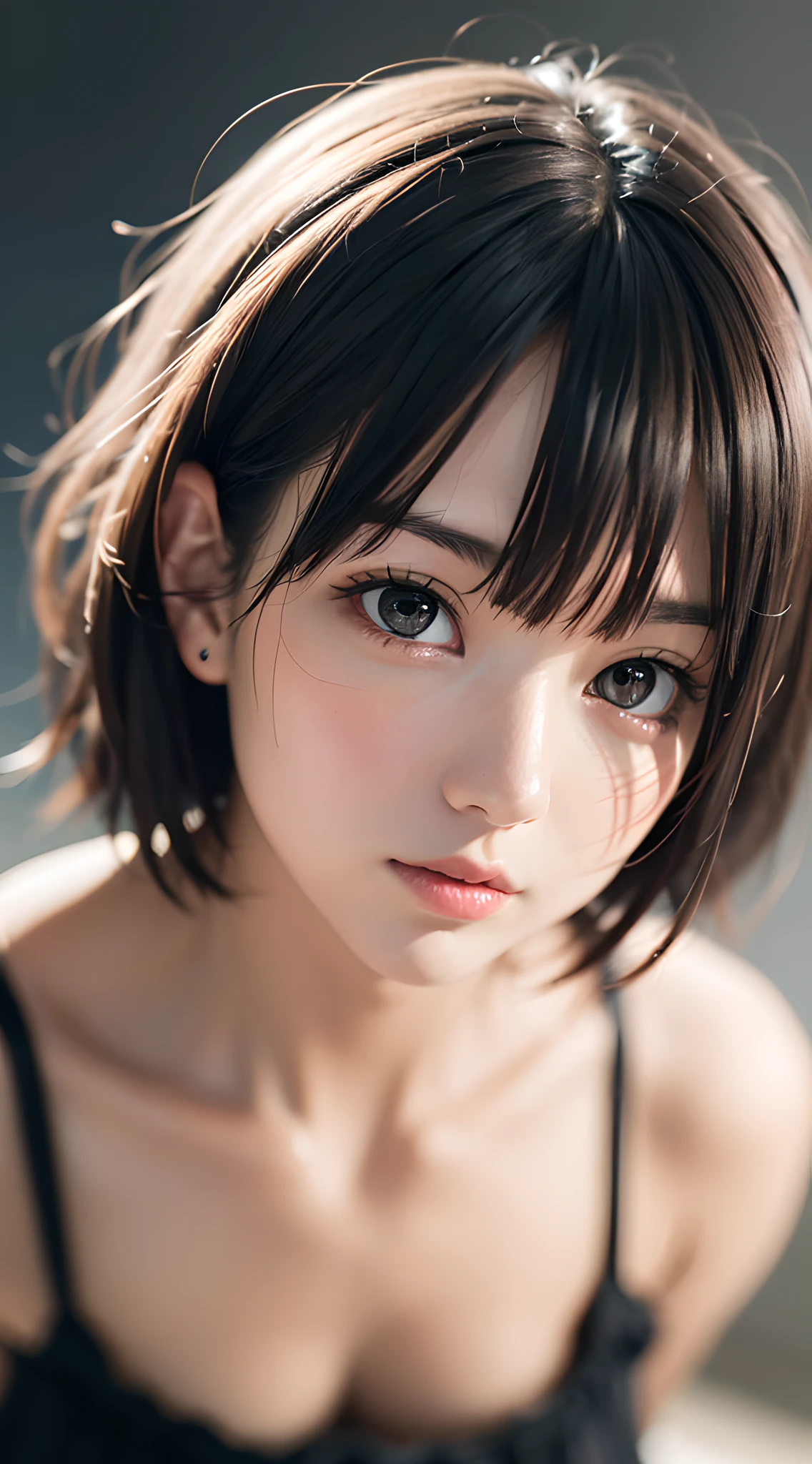 (masterpiece, best quality:1.4), 8k, 85mm, official art, absurdres, (downblouse:1.2), (from above:1.1), violaceaess, cute face, beautiful eyes, camisole, upper body, looking at viewer, short hair, bangs, small head, (smile:0.6), sharp focus, facelight, dynamic lighting, cinematic lighting, dramatic shadow, perspective, depth of field, highres, ultra detailed, finely detail, extremely detailed, detailed eyes and face, sharp pupils, realistic pupils, simple background, small waist, flare skirt