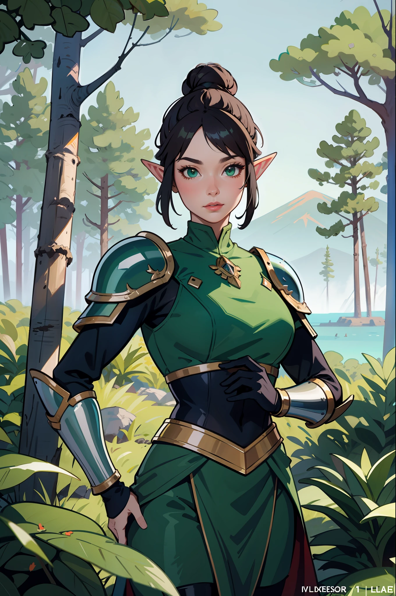 (masterpiece, best_quality, ultra-detailed, immaculate: 1.3), epic, illustration, elf mountain desert warrior lord, armor, dark hair, ((colored hair)), very long hair, in a lush spring forest, bombshell hair, shiny hair with green sea highlights, Bob Flapper, hair bun, dense forest