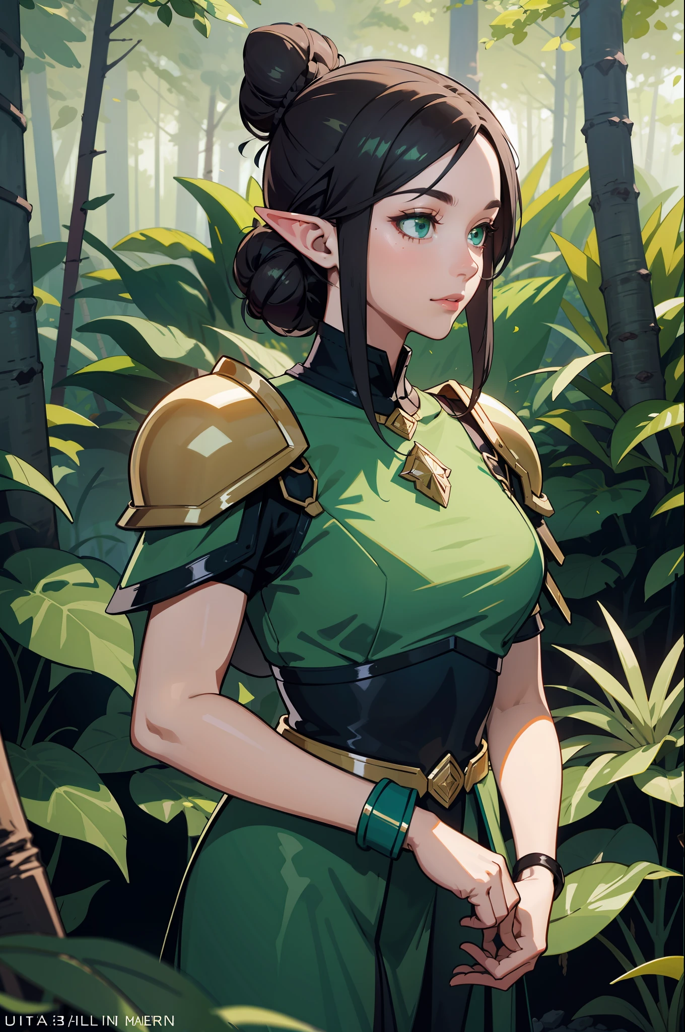 (masterpiece, best_quality, ultra-detailed, immaculate: 1.3), epic, illustration, elf mountain desert warrior lord, armor, dark hair, ((colored hair)), very long hair, in a lush spring forest, bombshell hair, shiny hair with green sea highlights, Bob Flapper, hair bun, dense forest