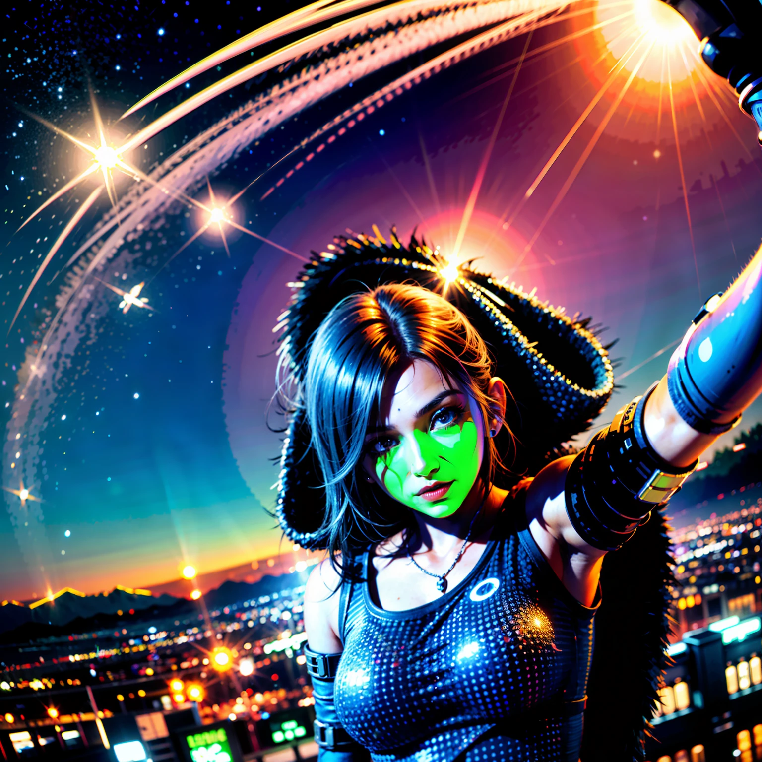 (Masterpiece), Best Quality, Ultra High Resolution, Little Girl, Cyberpunk 1girl Flying over Stunning Cityscape, Hoodie, Blue Hair, Neon Shooting Star, Very Long Hair, Off-the-Shoulders, Feather Hair Ornaments, Neon Color, Glitter, Stunning Night Sky, Cinematic Lighting, Realistic, Realistic Skins, HDR, Fisheye