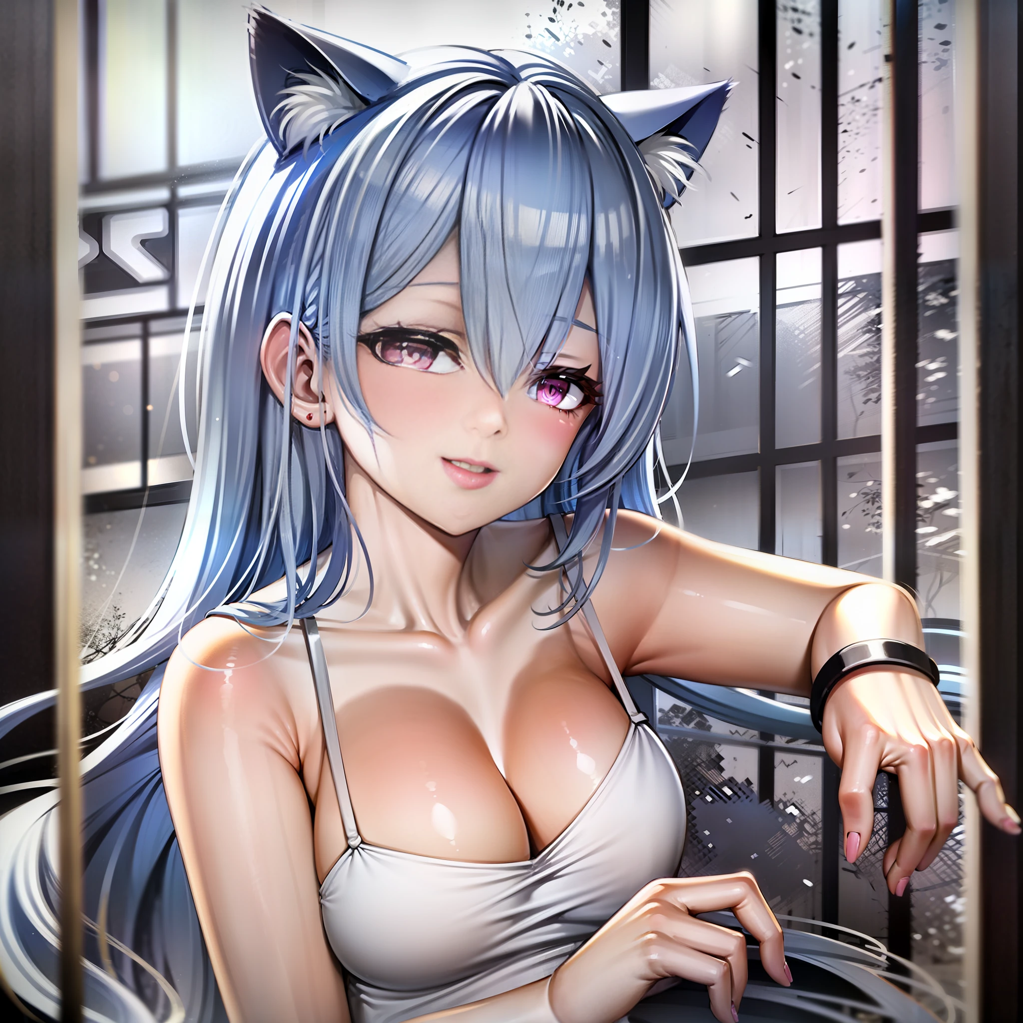 sexy, woman, camisole, smile, bright, cat ears, gray hair, eyes, anime,